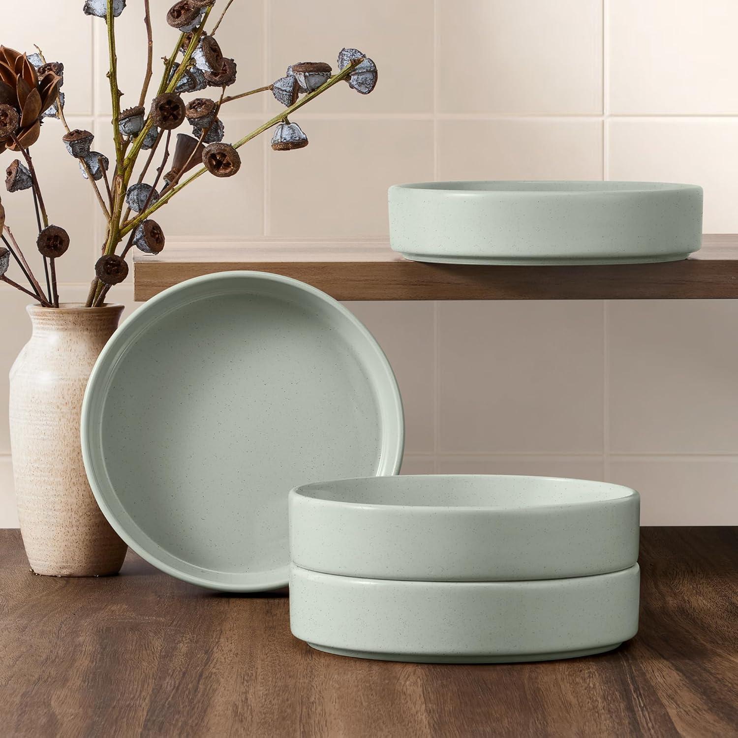 imageEfar Pasta Bowls Set of 435oz Shallow Ceramic Bowl Plates for Serving Dinner Soup amp Salad Stoneware Pasta Plates Microwave amp Dishwasher Safe Matte BlackMist Green