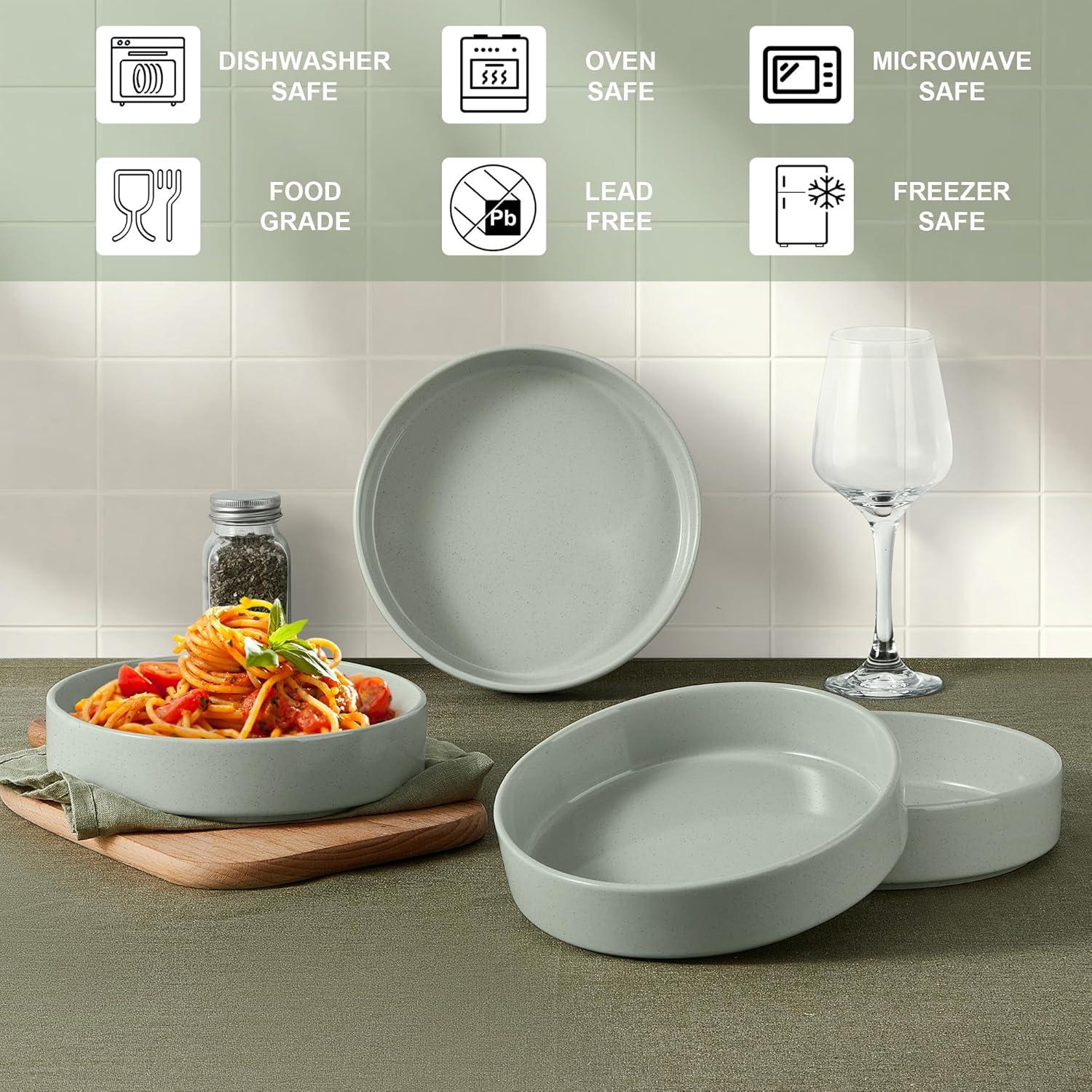 imageEfar Pasta Bowls Set of 435oz Shallow Ceramic Bowl Plates for Serving Dinner Soup amp Salad Stoneware Pasta Plates Microwave amp Dishwasher Safe Matte BlackMist Green