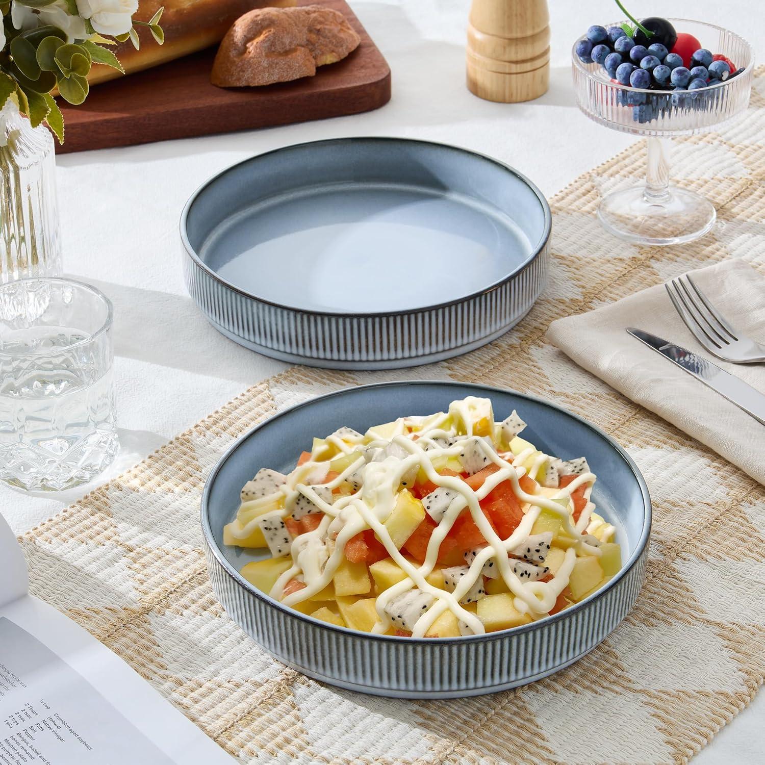 imageEfar Pasta Bowls Set of 6 35oz Large Salad Bowl Plate for Dinner Serving Soup Wide amp Shallow Ceramic Stoneware Pasta Plates Microwave amp Dishwasher Safe Textured Stripes amp Speckled White 8Dusty Blue