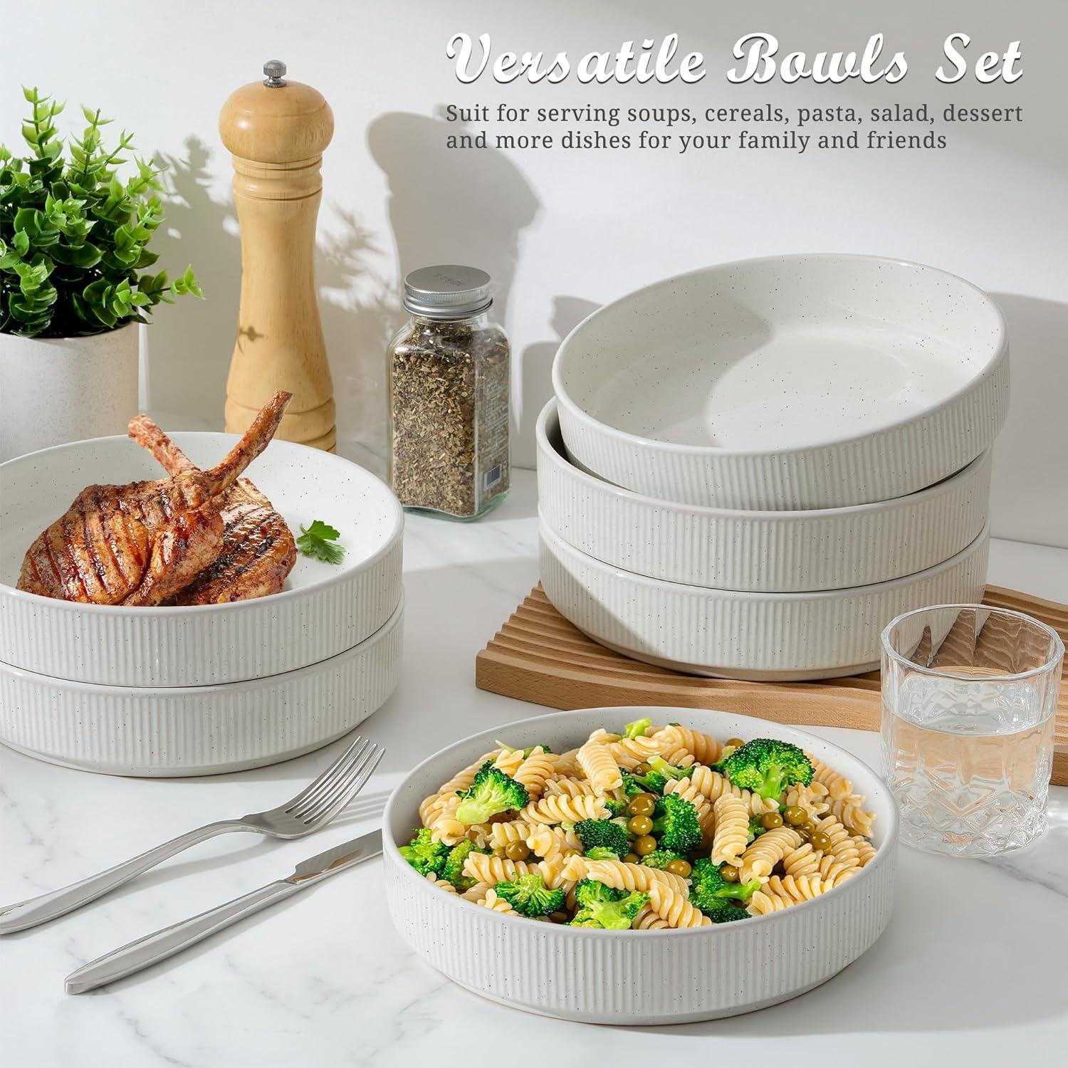 imageEfar Pasta Bowls Set of 6 35oz Large Salad Bowl Plate for Dinner Serving Soup Wide amp Shallow Ceramic Stoneware Pasta Plates Microwave amp Dishwasher Safe Textured Stripes amp Speckled White 8Speckled White