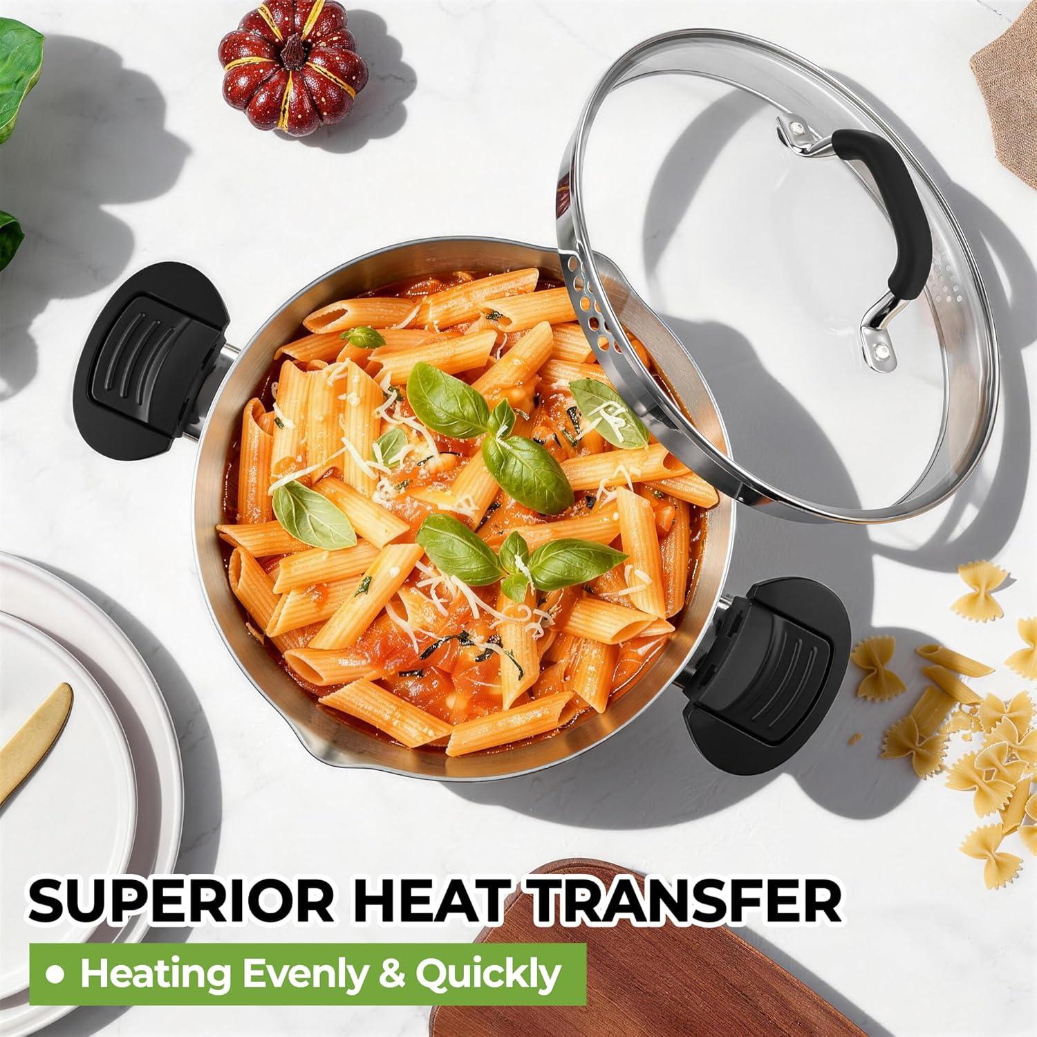 imageEfar Pasta Pot with Strainer Lid 6 Quart TriPly Stainless Steel Stock Pot amp Push and Lock Handles Nontoxic Multipurpose Cooking Pot for All Cooktops Heavy Duty amp Dishwasher Safe