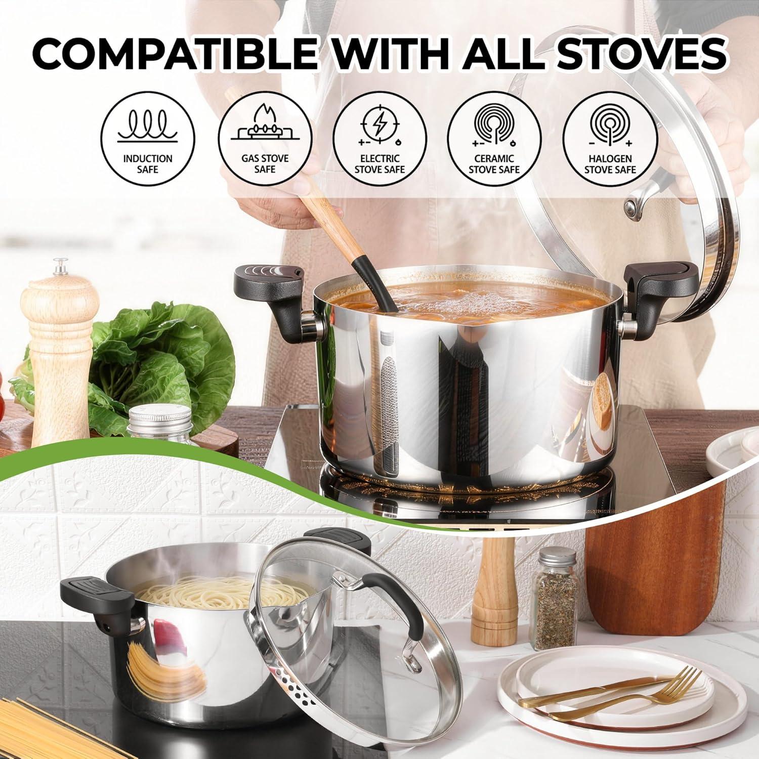 imageEfar Pasta Pot with Strainer Lid 6 Quart TriPly Stainless Steel Stock Pot amp Push and Lock Handles Nontoxic Multipurpose Cooking Pot for All Cooktops Heavy Duty amp Dishwasher Safe