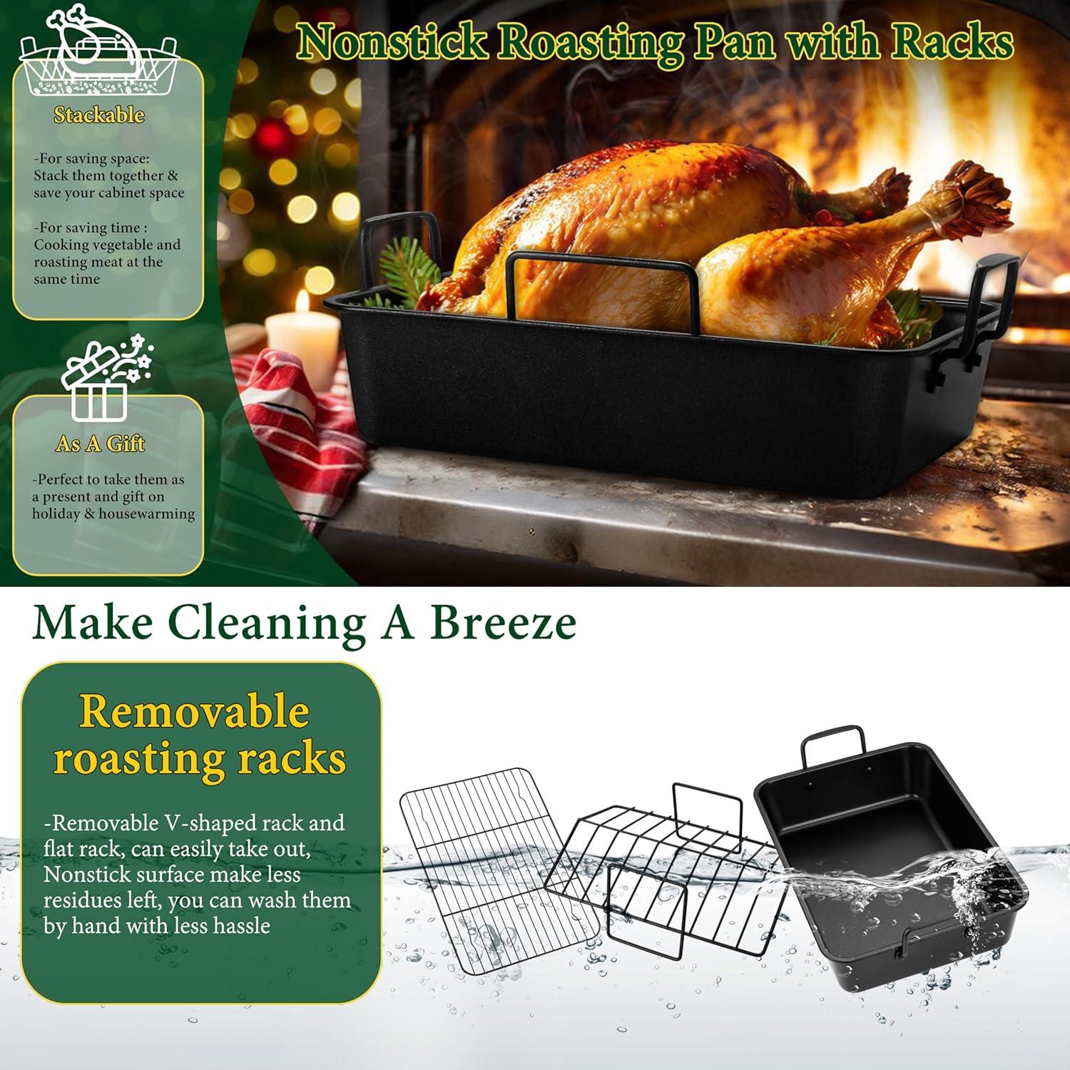 imageEfar Roasting Pan 16 x 115 Inch Stainless Steel Turkey Roaster with Vshaped amp Flat Rack Nontoxic amp Heavy Duty Deep Broiling Pan Dishwasher Safe LargeBlack