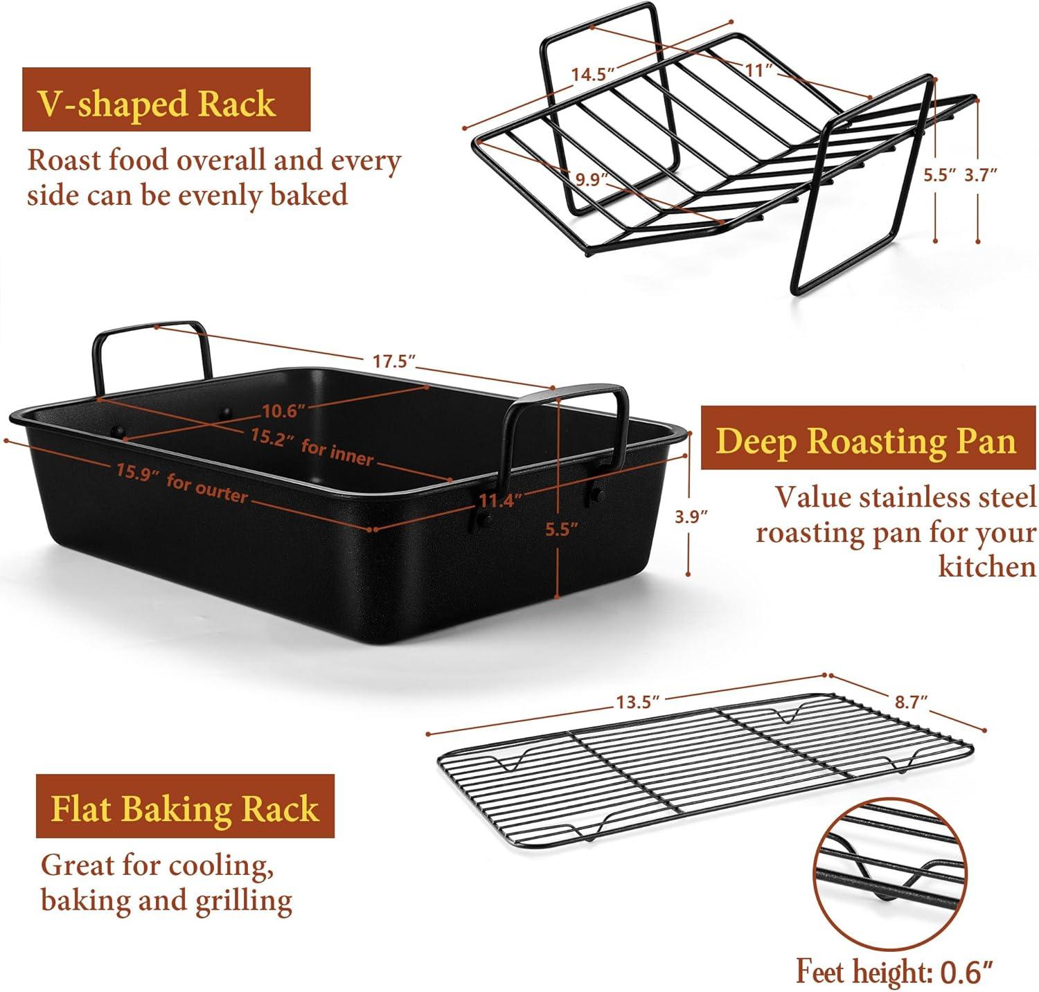 imageEfar Roasting Pan 16 x 115 Inch Stainless Steel Turkey Roaster with Vshaped amp Flat Rack Nontoxic amp Heavy Duty Deep Broiling Pan Dishwasher Safe LargeBlack
