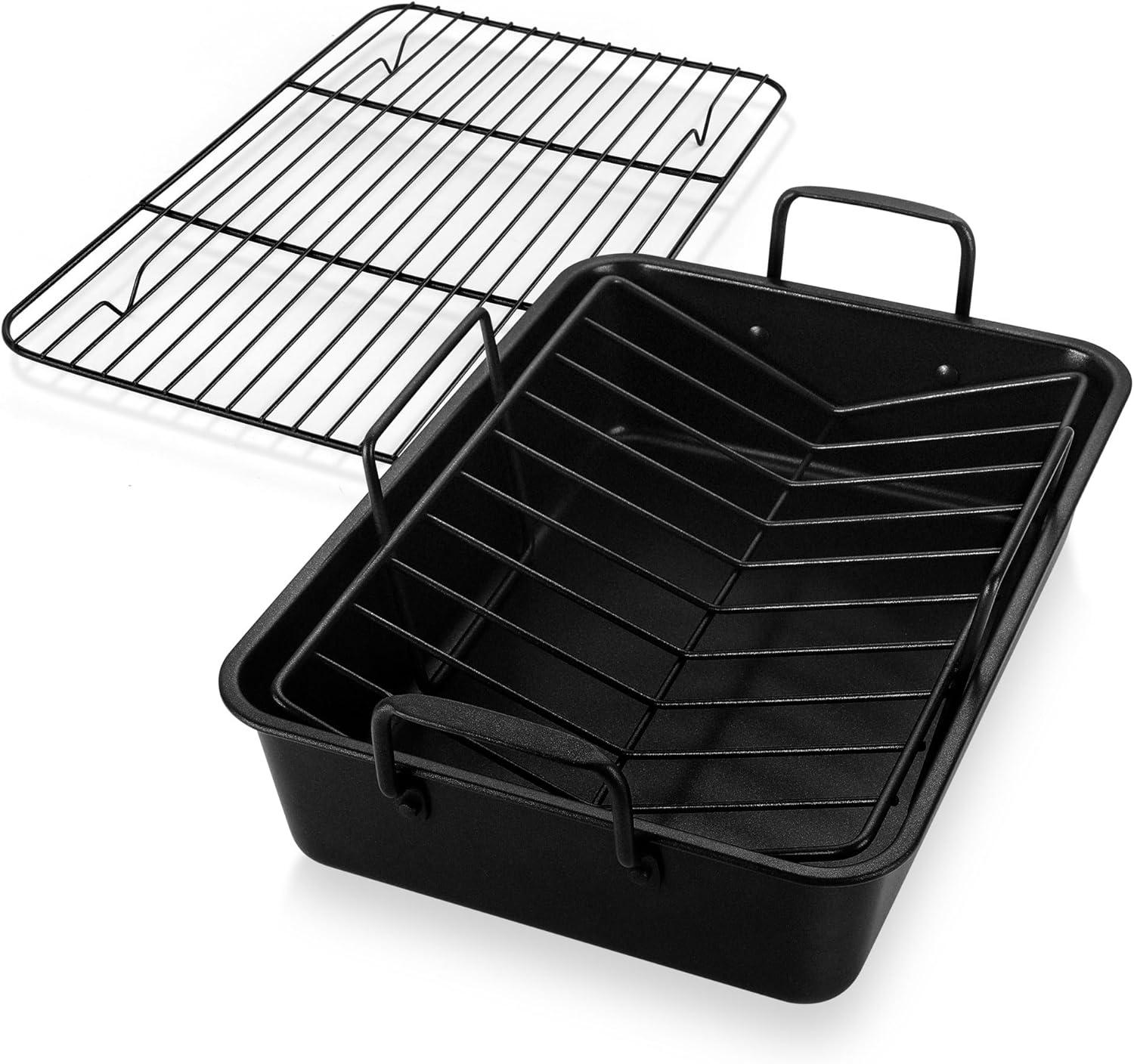 imageEfar Roasting Pan 16 x 115 Inch Stainless Steel Turkey Roaster with Vshaped amp Flat Rack Nontoxic amp Heavy Duty Deep Broiling Pan Dishwasher Safe LargeBlack