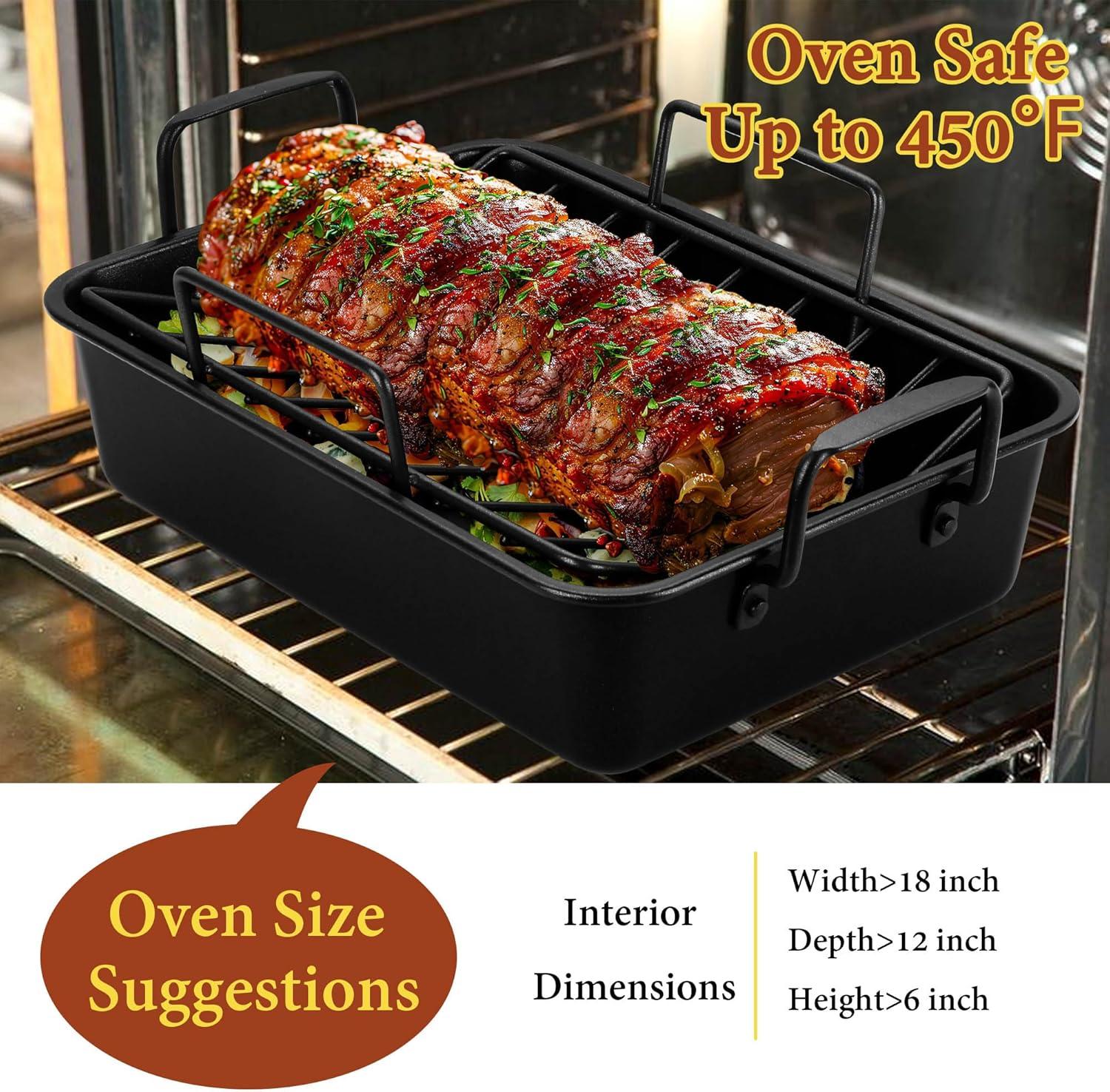 imageEfar Roasting Pan 16 x 115 Inch Stainless Steel Turkey Roaster with Vshaped amp Flat Rack Nontoxic amp Heavy Duty Deep Broiling Pan Dishwasher Safe LargeBlack