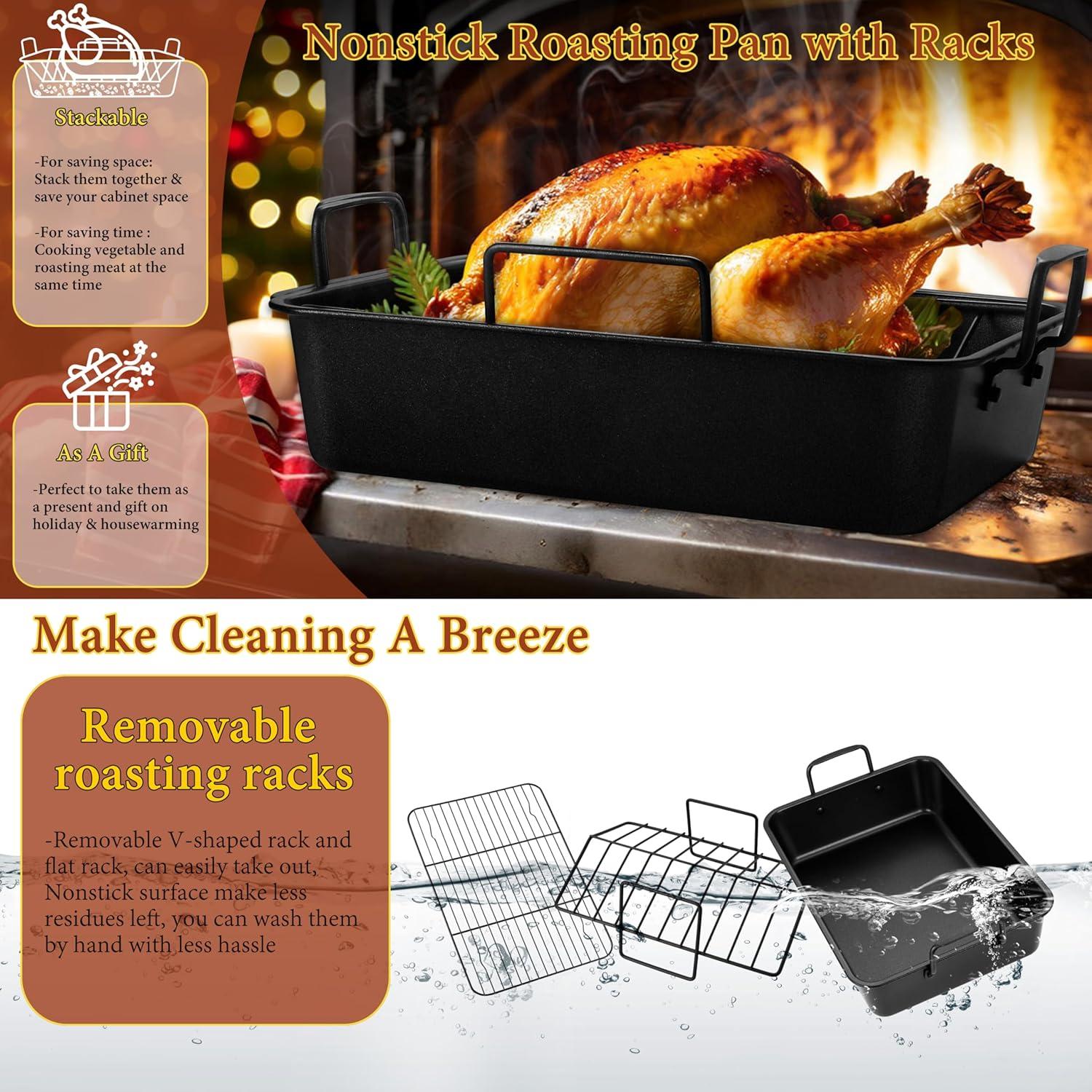 imageEfar Roasting Pan 16 x 115 Inch Stainless Steel Turkey Roaster with Vshaped amp Flat Rack Nontoxic amp Heavy Duty Deep Broiling Pan Dishwasher Safe LargeBlack