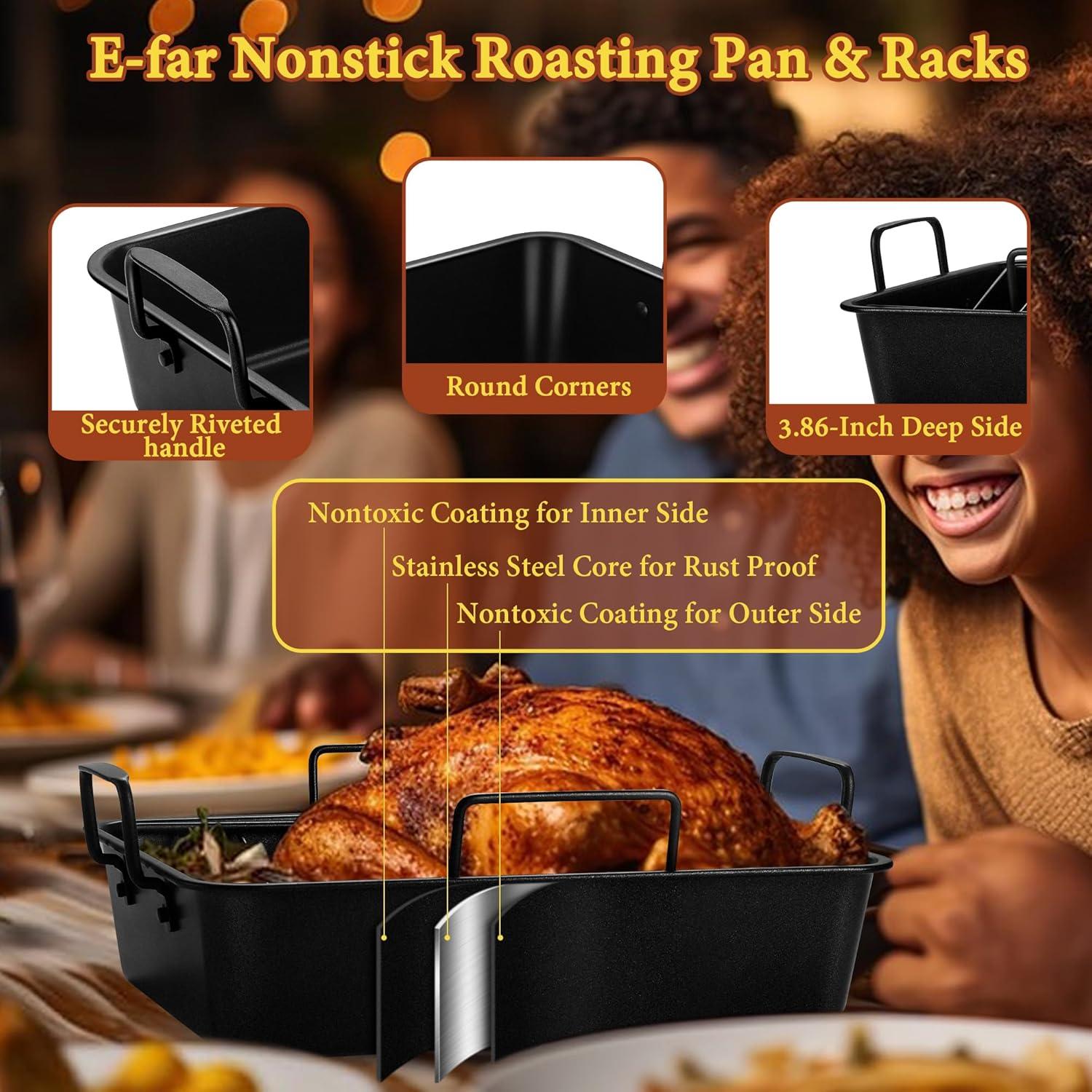imageEfar Roasting Pan 16 x 115 Inch Stainless Steel Turkey Roaster with Vshaped amp Flat Rack Nontoxic amp Heavy Duty Deep Broiling Pan Dishwasher Safe LargeBlack