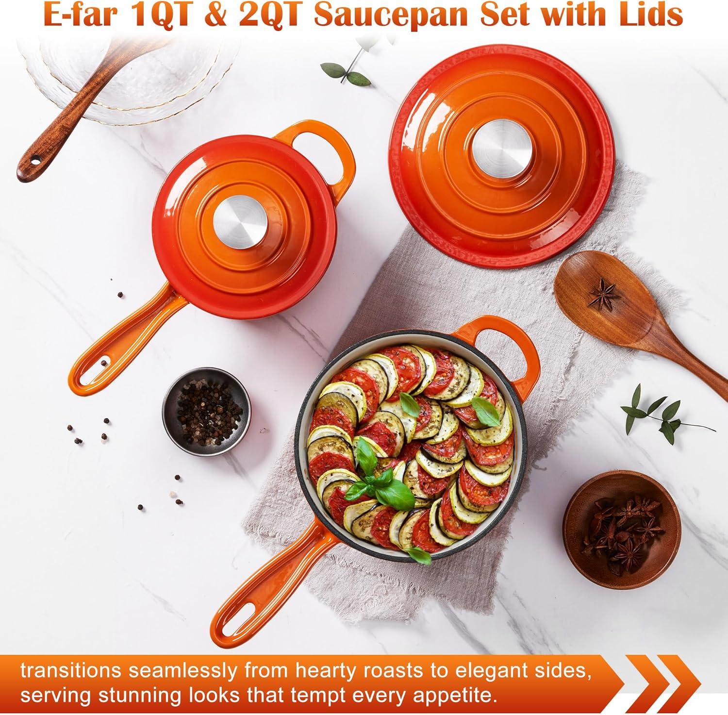 imageEfar Sauce Pan Set with Lid 1Qt amp 2Qt Enameled Cast Iron Pot Sets for Kitchen Cooking Small Heavy Duty Dutch Oven Saucepans amp Selfbasting Lids InductionReady amp Easy Clean WhiteOrange