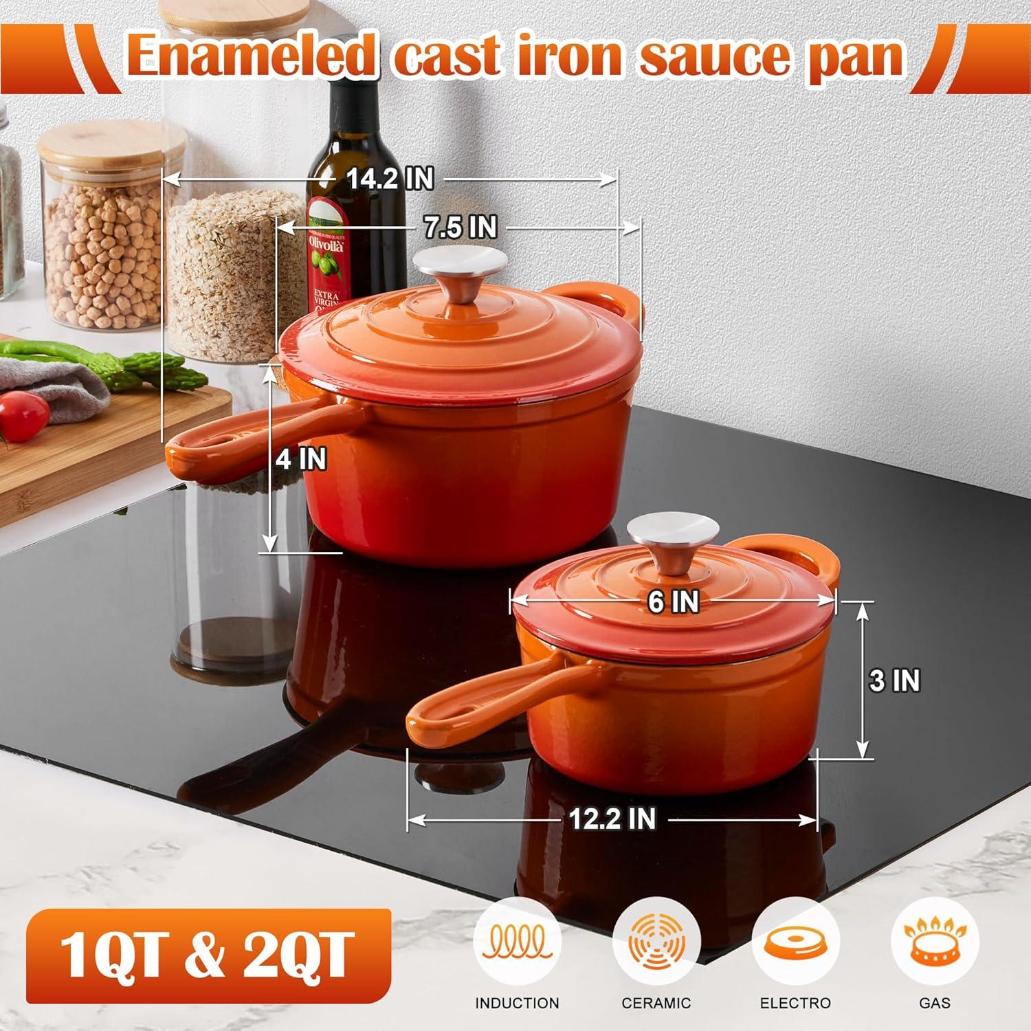 imageEfar Sauce Pan Set with Lid 1Qt amp 2Qt Enameled Cast Iron Pot Sets for Kitchen Cooking Small Heavy Duty Dutch Oven Saucepans amp Selfbasting Lids InductionReady amp Easy Clean WhiteOrange