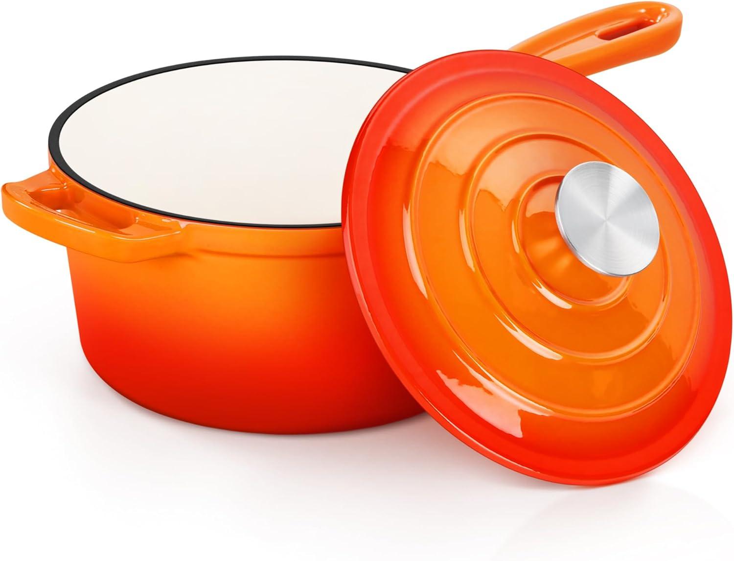 imageEfar Sauce Pan Set with Lid 1Qt amp 2Qt Enameled Cast Iron Pot Sets for Kitchen Cooking Small Heavy Duty Dutch Oven Saucepans amp Selfbasting Lids InductionReady amp Easy Clean WhiteOrange