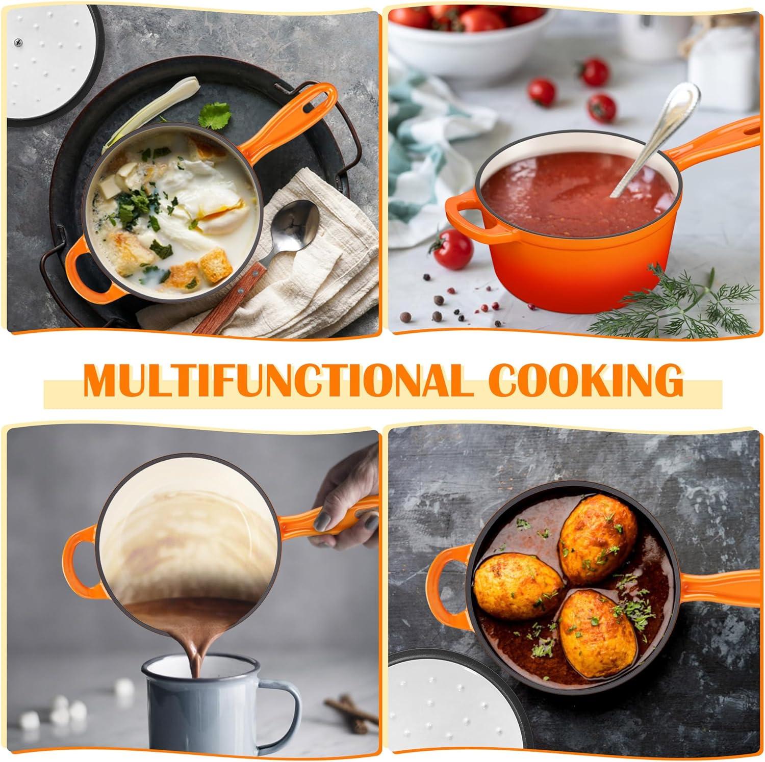 imageEfar Sauce Pan Set with Lid 1Qt amp 2Qt Enameled Cast Iron Pot Sets for Kitchen Cooking Small Heavy Duty Dutch Oven Saucepans amp Selfbasting Lids InductionReady amp Easy Clean WhiteOrange