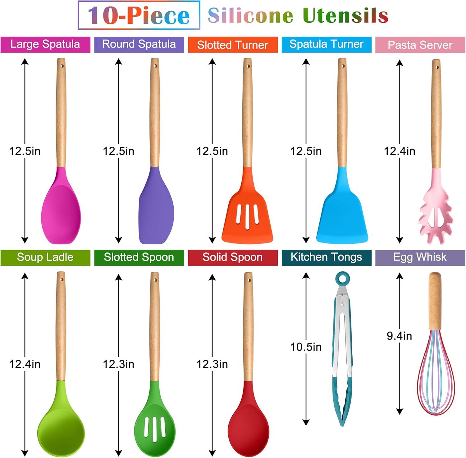 imageEfar Silicone Cooking Utensils Set 10Piece Heat Resistant Kitchen Utensils Set with Wooden Handle for Nonstick Cookware Kitchen Nonstick Tools Spatula Whisk Tongs Ladle Nontoxic amp HealthyKhakiMulticolor
