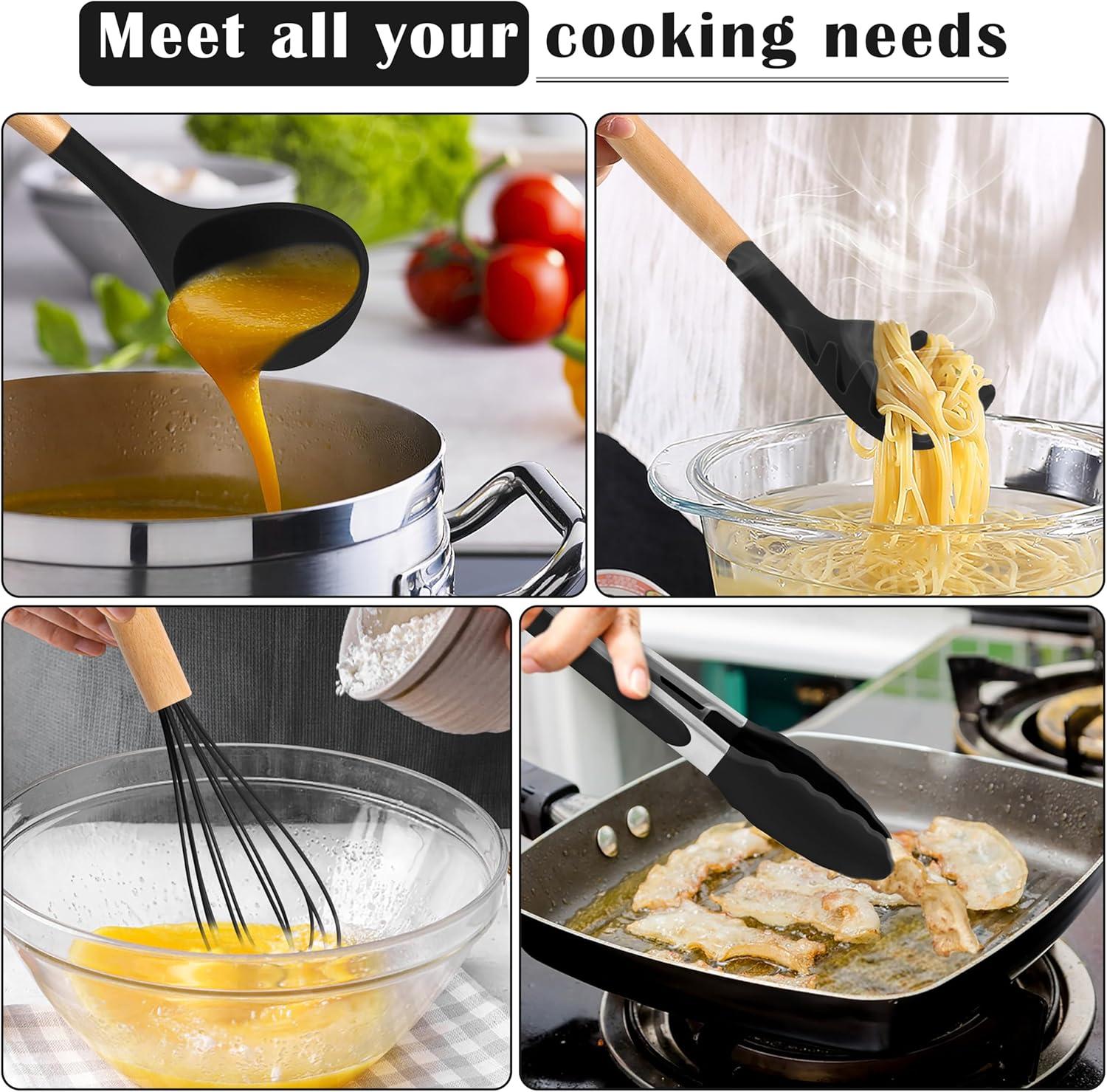 imageEfar Silicone Cooking Utensils Set 10Piece Heat Resistant Kitchen Utensils Set with Wooden Handle for Nonstick Cookware Kitchen Nonstick Tools Spatula Whisk Tongs Ladle Nontoxic amp HealthyKhakiBlack