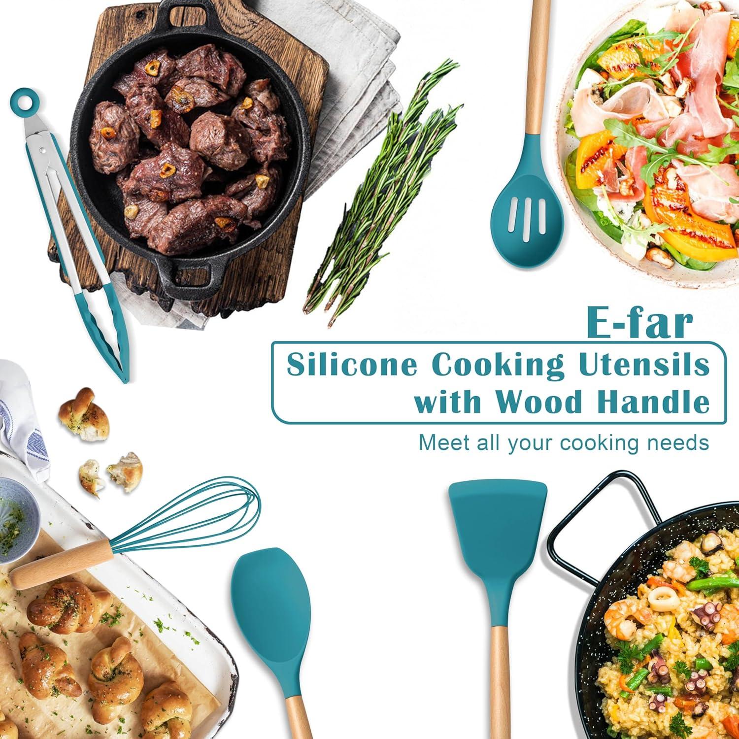 imageEfar Silicone Cooking Utensils Set 10Piece Heat Resistant Kitchen Utensils Set with Wooden Handle for Nonstick Cookware Kitchen Nonstick Tools Spatula Whisk Tongs Ladle Nontoxic amp HealthyKhakiNavy Blue