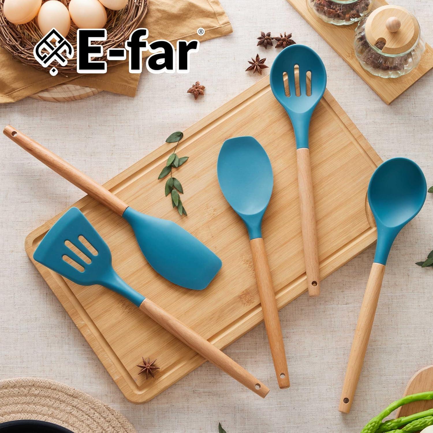 imageEfar Silicone Cooking Utensils Set 10Piece Heat Resistant Kitchen Utensils Set with Wooden Handle for Nonstick Cookware Kitchen Nonstick Tools Spatula Whisk Tongs Ladle Nontoxic amp HealthyKhakiNavy Blue