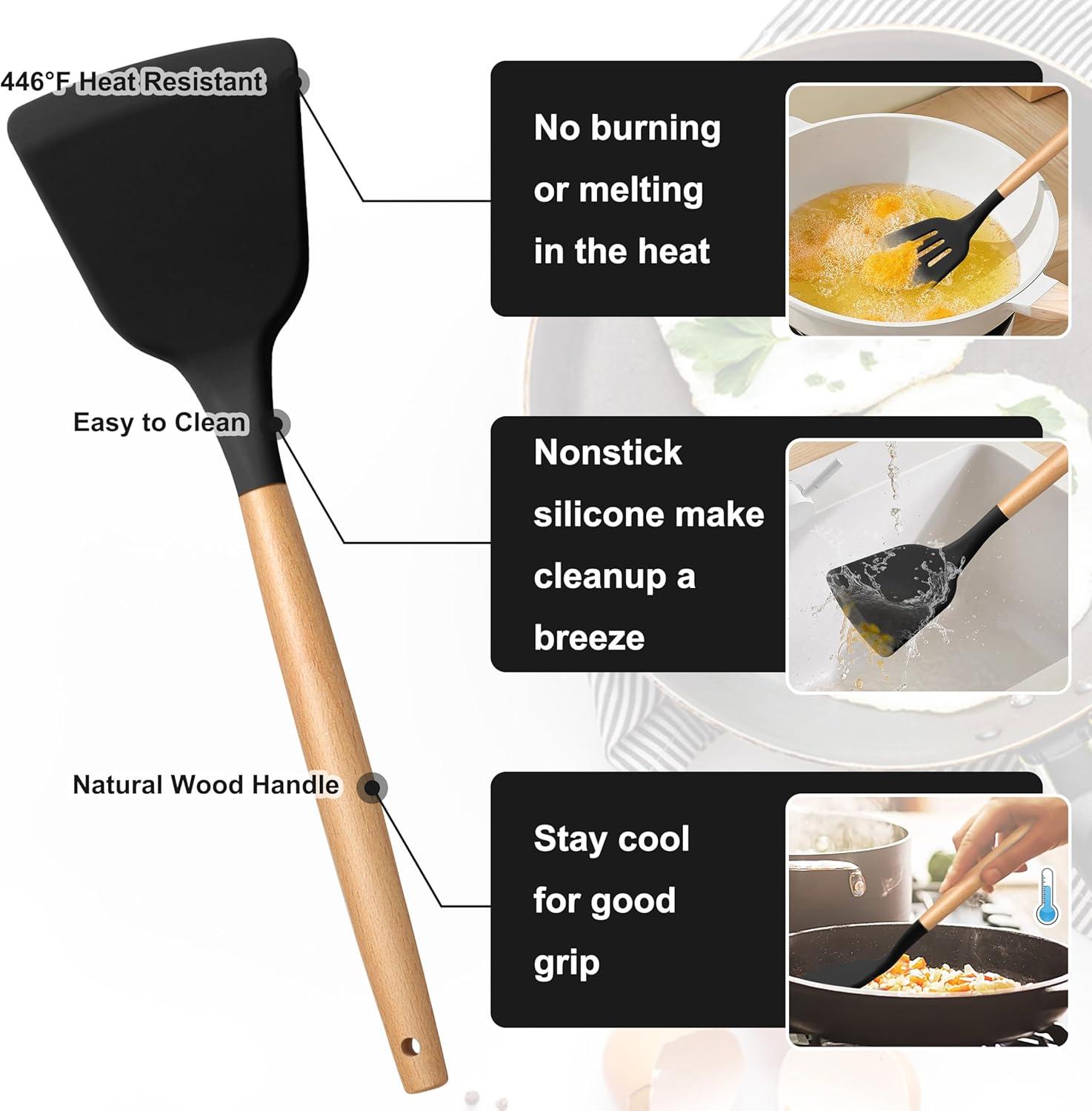 imageEfar Silicone Cooking Utensils Set 10Piece Heat Resistant Kitchen Utensils Set with Wooden Handle for Nonstick Cookware Kitchen Nonstick Tools Spatula Whisk Tongs Ladle Nontoxic amp HealthyKhakiBlack