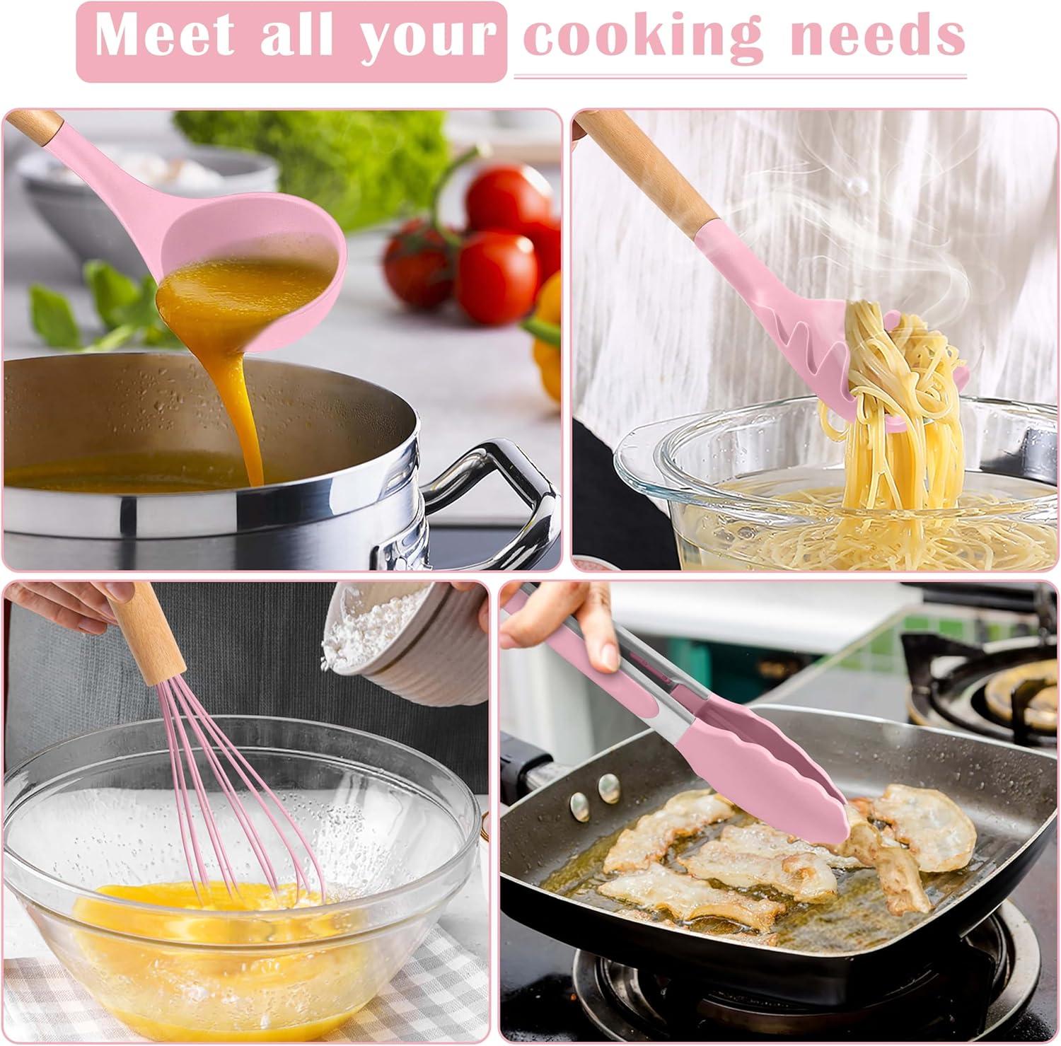 imageEfar Silicone Cooking Utensils Set 10Piece Heat Resistant Kitchen Utensils Set with Wooden Handle for Nonstick Cookware Kitchen Nonstick Tools Spatula Whisk Tongs Ladle Nontoxic amp HealthyKhakiPink