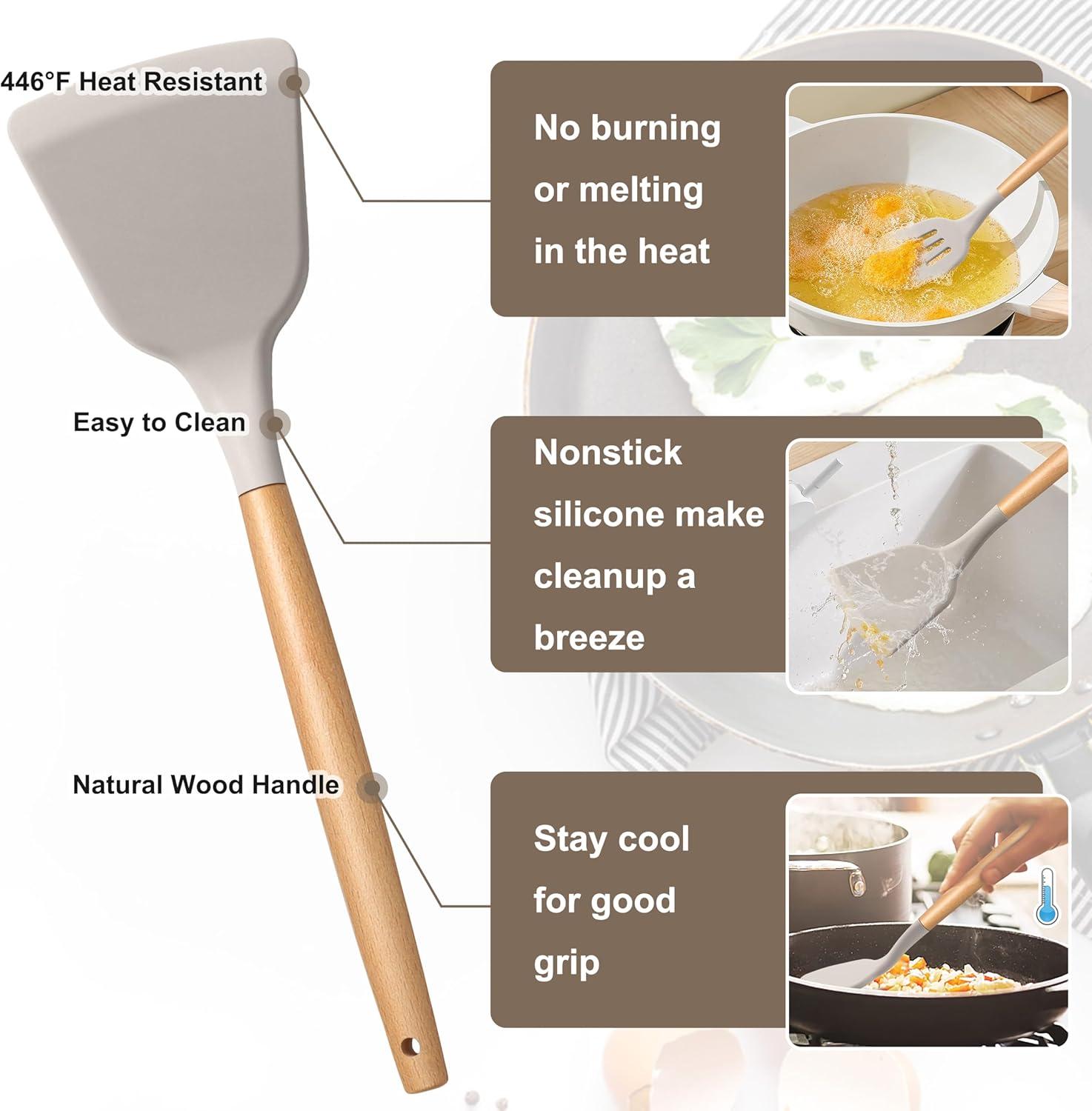 imageEfar Silicone Cooking Utensils Set 10Piece Heat Resistant Kitchen Utensils Set with Wooden Handle for Nonstick Cookware Kitchen Nonstick Tools Spatula Whisk Tongs Ladle Nontoxic amp HealthyKhakiKhaki