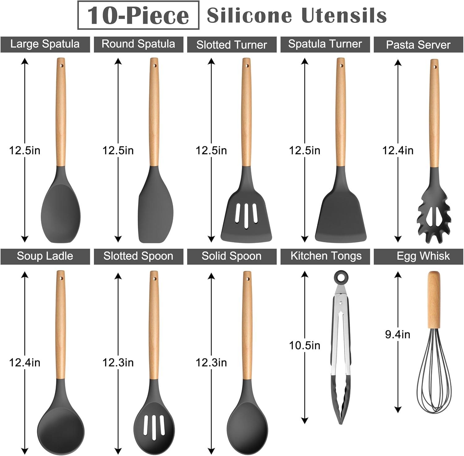 imageEfar Silicone Cooking Utensils Set 10Piece Heat Resistant Kitchen Utensils Set with Wooden Handle for Nonstick Cookware Kitchen Nonstick Tools Spatula Whisk Tongs Ladle Nontoxic amp HealthyKhakiGray