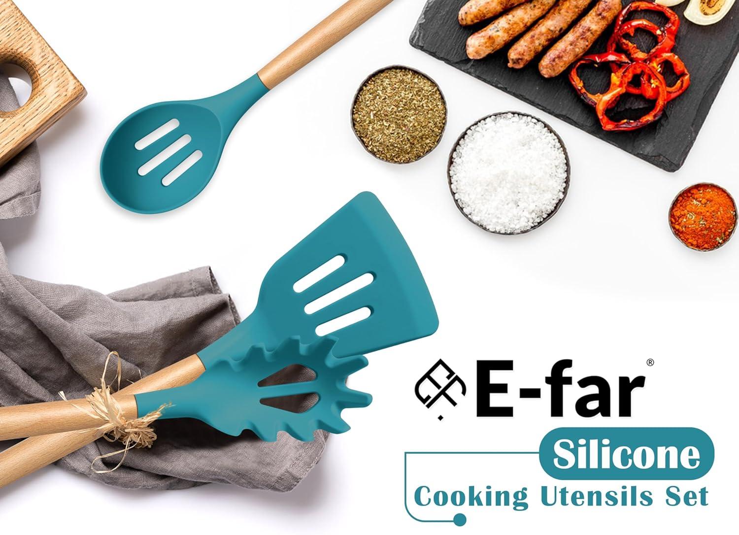 imageEfar Silicone Cooking Utensils Set 10Piece Heat Resistant Kitchen Utensils Set with Wooden Handle for Nonstick Cookware Kitchen Nonstick Tools Spatula Whisk Tongs Ladle Nontoxic amp HealthyKhakiNavy Blue