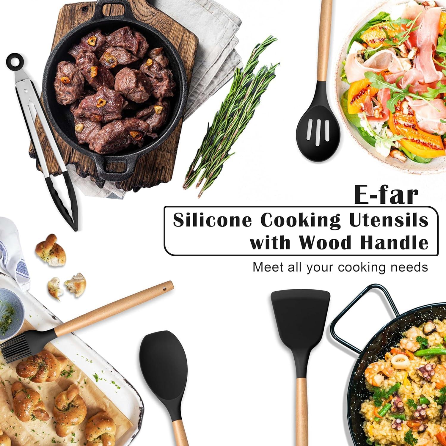 imageEfar Silicone Cooking Utensils Set 10Piece Heat Resistant Kitchen Utensils Set with Wooden Handle for Nonstick Cookware Kitchen Nonstick Tools Spatula Whisk Tongs Ladle Nontoxic amp HealthyKhakiBlack