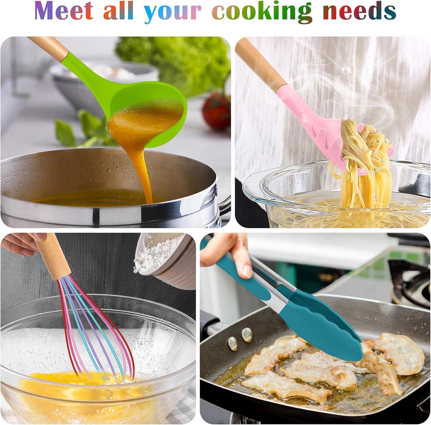 imageEfar Silicone Cooking Utensils Set 10Piece Heat Resistant Kitchen Utensils Set with Wooden Handle for Nonstick Cookware Kitchen Nonstick Tools Spatula Whisk Tongs Ladle Nontoxic amp HealthyKhakiMulticolor