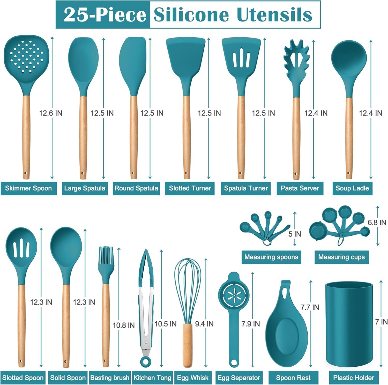 imageEfar Silicone Cooking Utensils Set 10Piece Heat Resistant Kitchen Utensils Set with Wooden Handle for Nonstick Cookware Kitchen Nonstick Tools Spatula Whisk Tongs Ladle Nontoxic amp HealthyKhakiNavy Blue