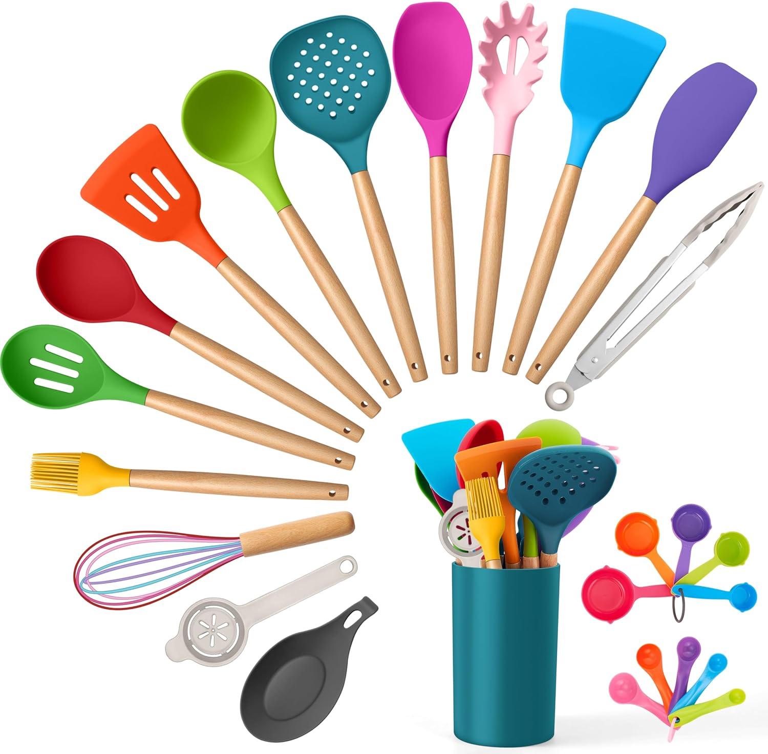 imageEfar Silicone Cooking Utensils Set 10Piece Heat Resistant Kitchen Utensils Set with Wooden Handle for Nonstick Cookware Kitchen Nonstick Tools Spatula Whisk Tongs Ladle Nontoxic amp HealthyKhakiMulticolor
