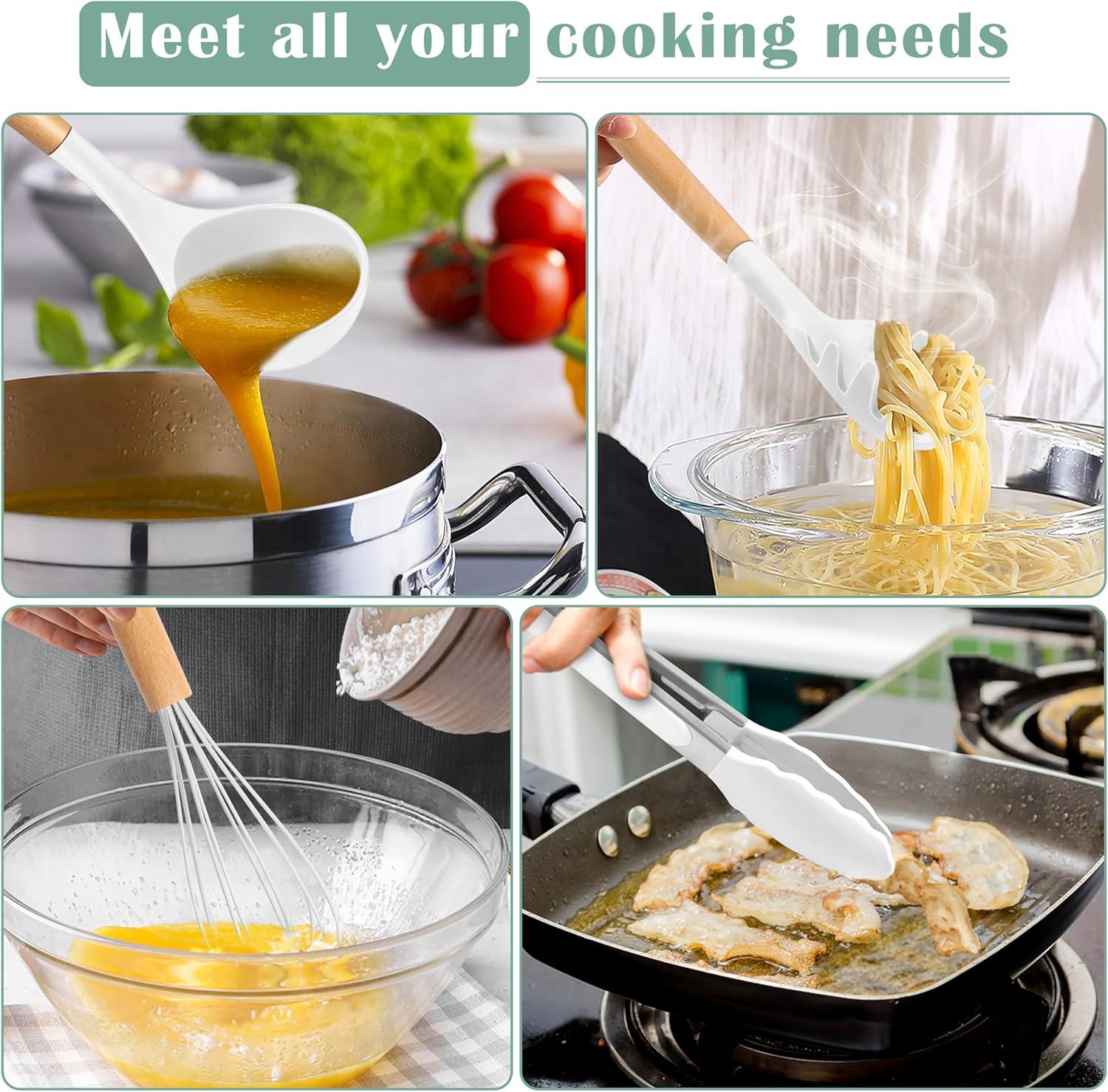 imageEfar Silicone Cooking Utensils Set 10Piece Heat Resistant Kitchen Utensils Set with Wooden Handle for Nonstick Cookware Kitchen Nonstick Tools Spatula Whisk Tongs Ladle Nontoxic amp HealthyKhakiWhite