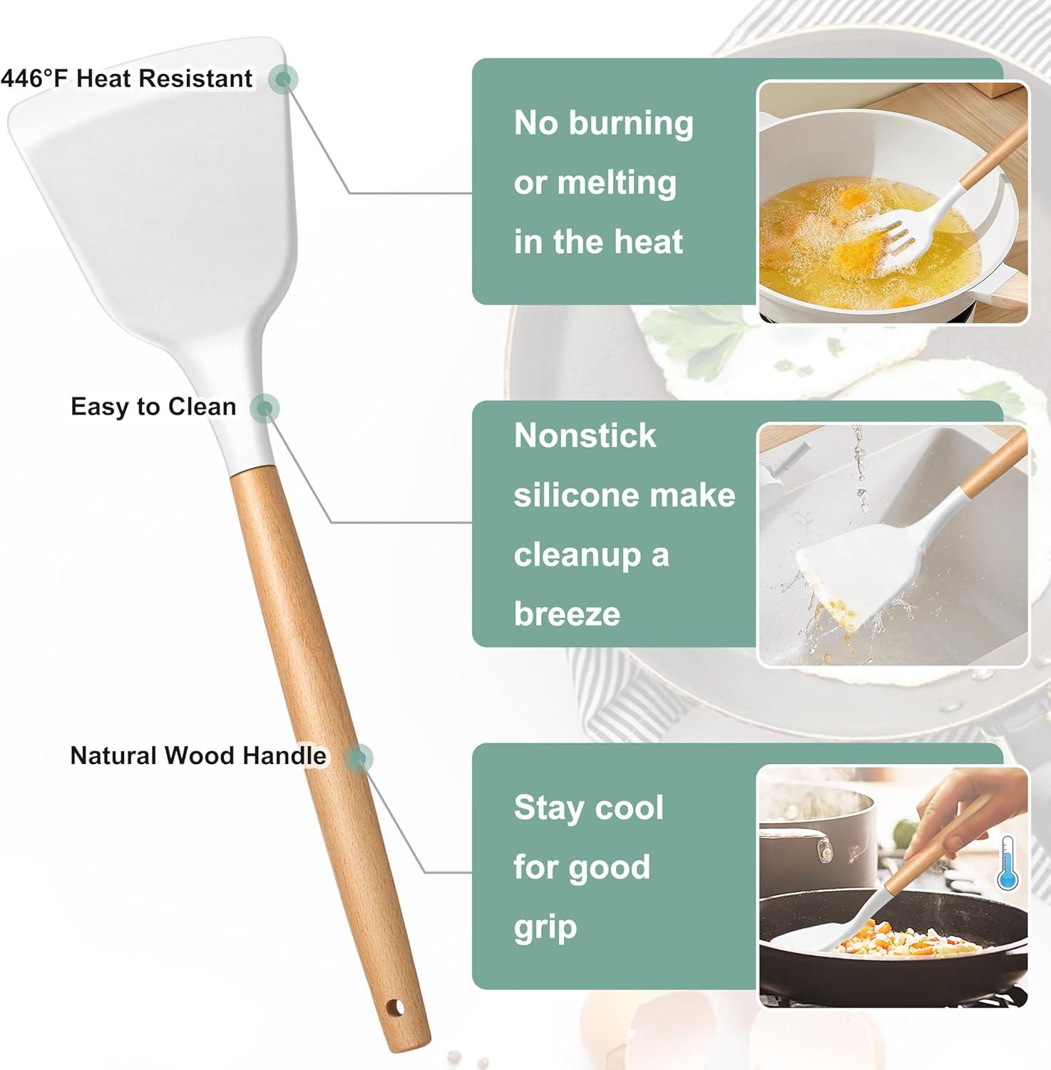 imageEfar Silicone Cooking Utensils Set 10Piece Heat Resistant Kitchen Utensils Set with Wooden Handle for Nonstick Cookware Kitchen Nonstick Tools Spatula Whisk Tongs Ladle Nontoxic amp HealthyKhakiWhite