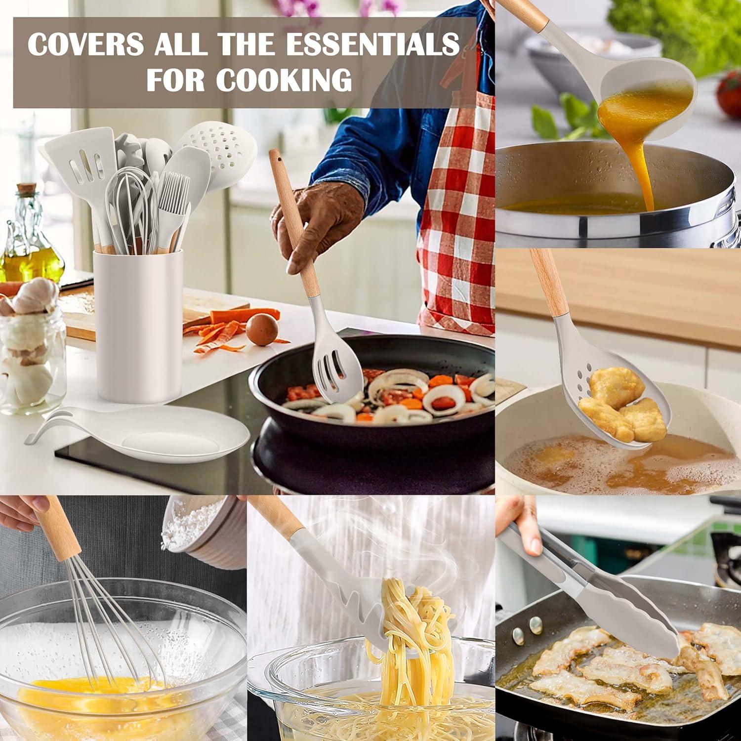 imageEfar Silicone Cooking Utensils Set 10Piece Heat Resistant Kitchen Utensils Set with Wooden Handle for Nonstick Cookware Kitchen Nonstick Tools Spatula Whisk Tongs Ladle Nontoxic amp HealthyKhakiKhaki