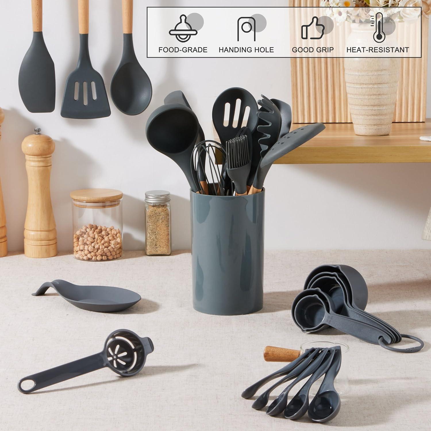 imageEfar Silicone Cooking Utensils Set 10Piece Heat Resistant Kitchen Utensils Set with Wooden Handle for Nonstick Cookware Kitchen Nonstick Tools Spatula Whisk Tongs Ladle Nontoxic amp HealthyKhakiGray