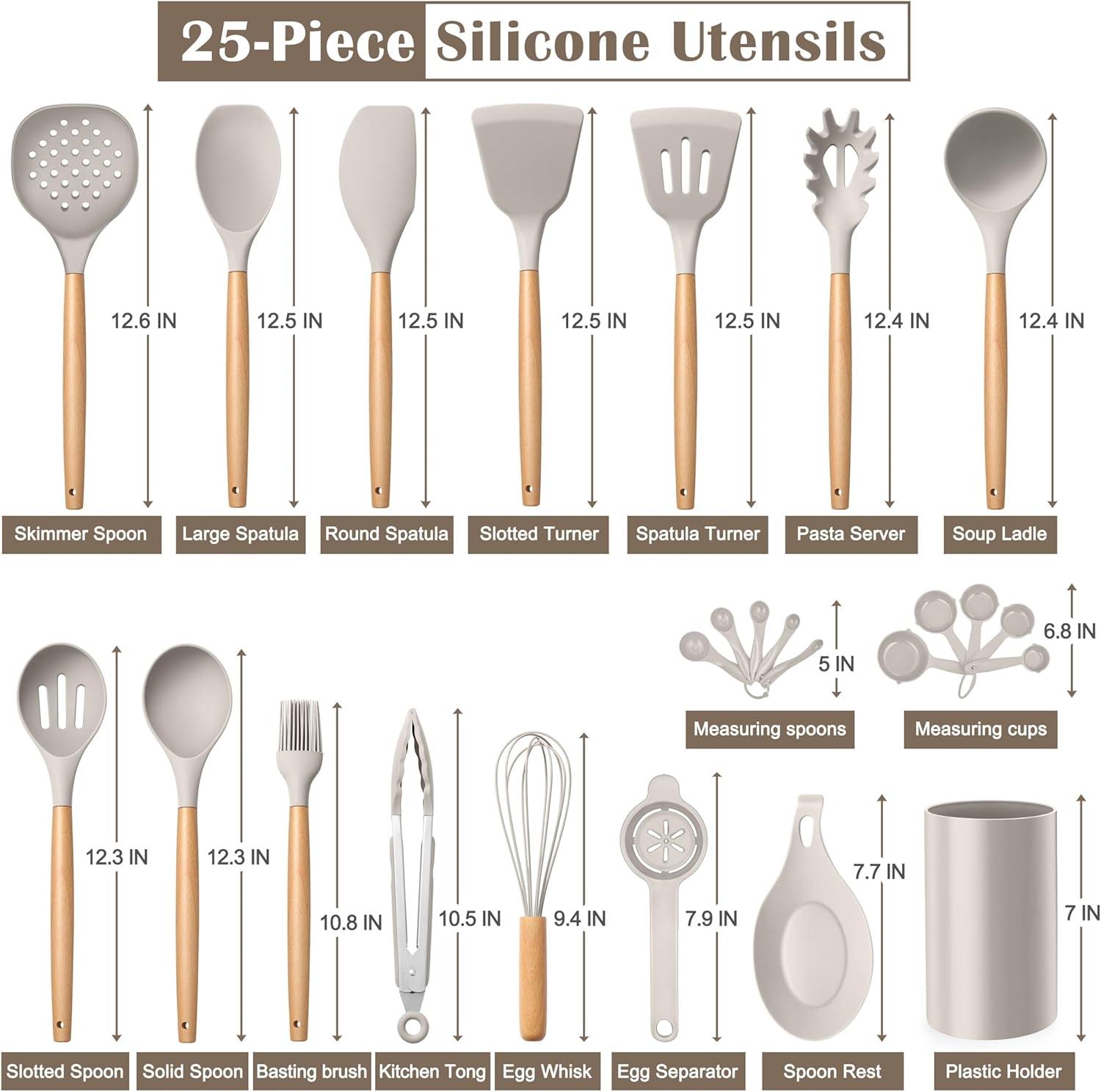 imageEfar Silicone Cooking Utensils Set 10Piece Heat Resistant Kitchen Utensils Set with Wooden Handle for Nonstick Cookware Kitchen Nonstick Tools Spatula Whisk Tongs Ladle Nontoxic amp HealthyKhakiKhaki