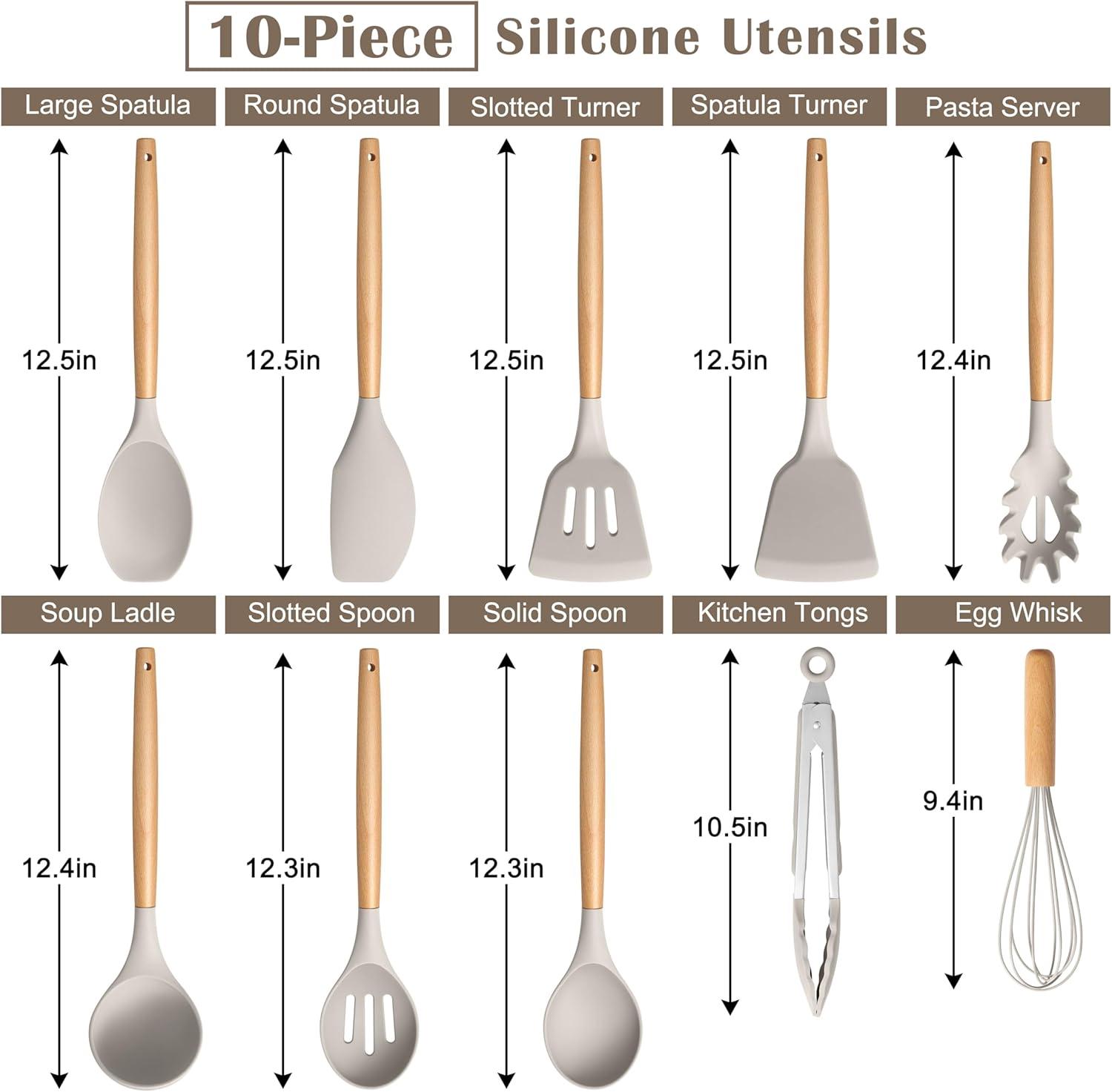 imageEfar Silicone Cooking Utensils Set 10Piece Heat Resistant Kitchen Utensils Set with Wooden Handle for Nonstick Cookware Kitchen Nonstick Tools Spatula Whisk Tongs Ladle Nontoxic amp HealthyKhakiKhaki