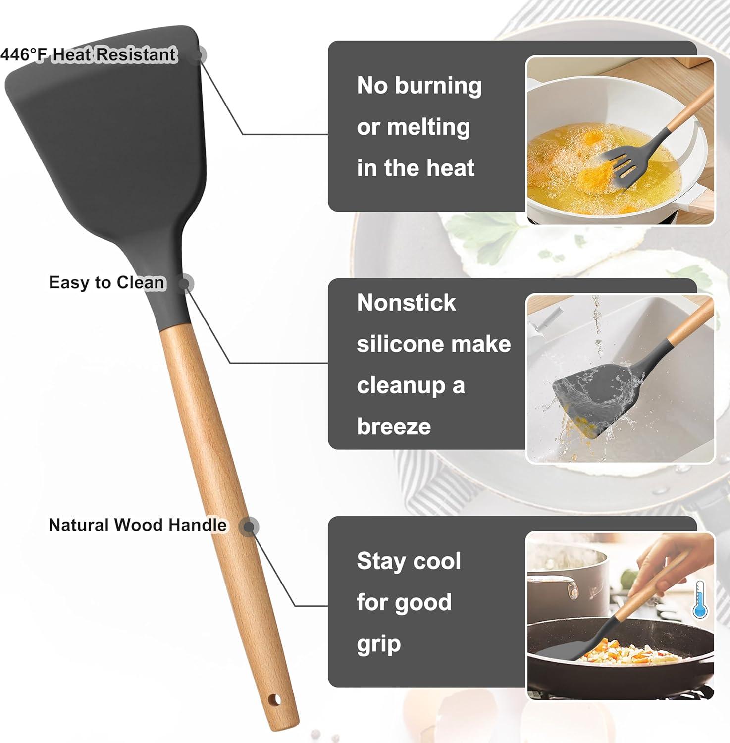 imageEfar Silicone Cooking Utensils Set 10Piece Heat Resistant Kitchen Utensils Set with Wooden Handle for Nonstick Cookware Kitchen Nonstick Tools Spatula Whisk Tongs Ladle Nontoxic amp HealthyKhakiGray