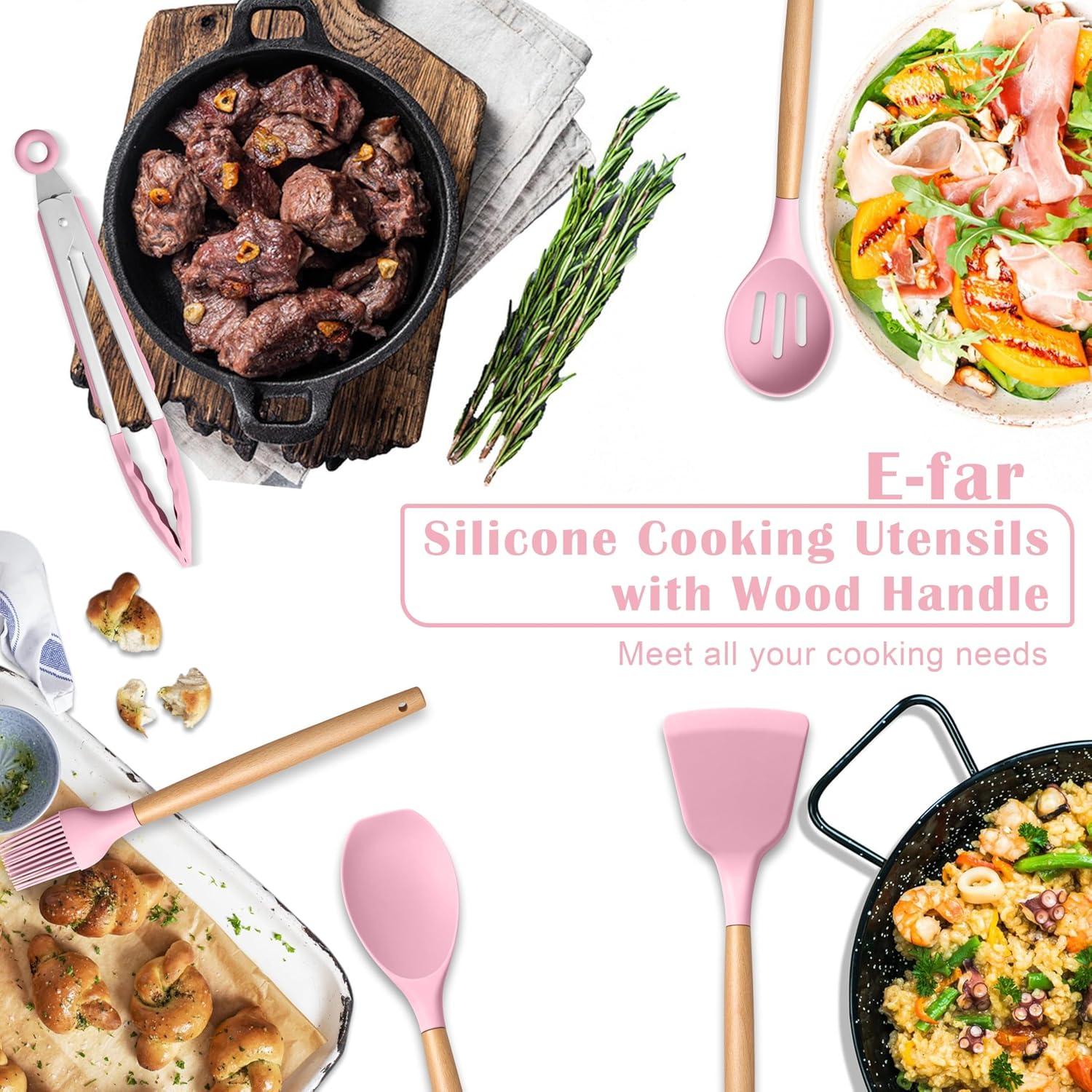 imageEfar Silicone Cooking Utensils Set 10Piece Heat Resistant Kitchen Utensils Set with Wooden Handle for Nonstick Cookware Kitchen Nonstick Tools Spatula Whisk Tongs Ladle Nontoxic amp HealthyKhakiPink