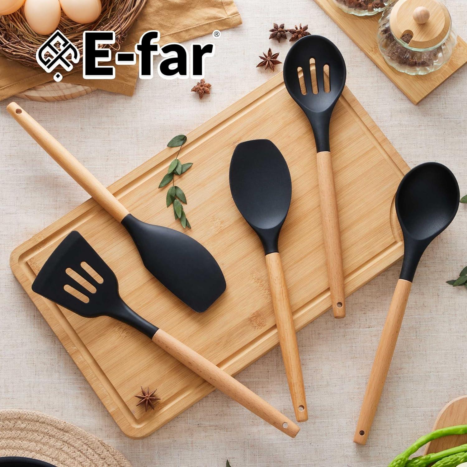 imageEfar Silicone Cooking Utensils Set 10Piece Heat Resistant Kitchen Utensils Set with Wooden Handle for Nonstick Cookware Kitchen Nonstick Tools Spatula Whisk Tongs Ladle Nontoxic amp HealthyKhakiBlack