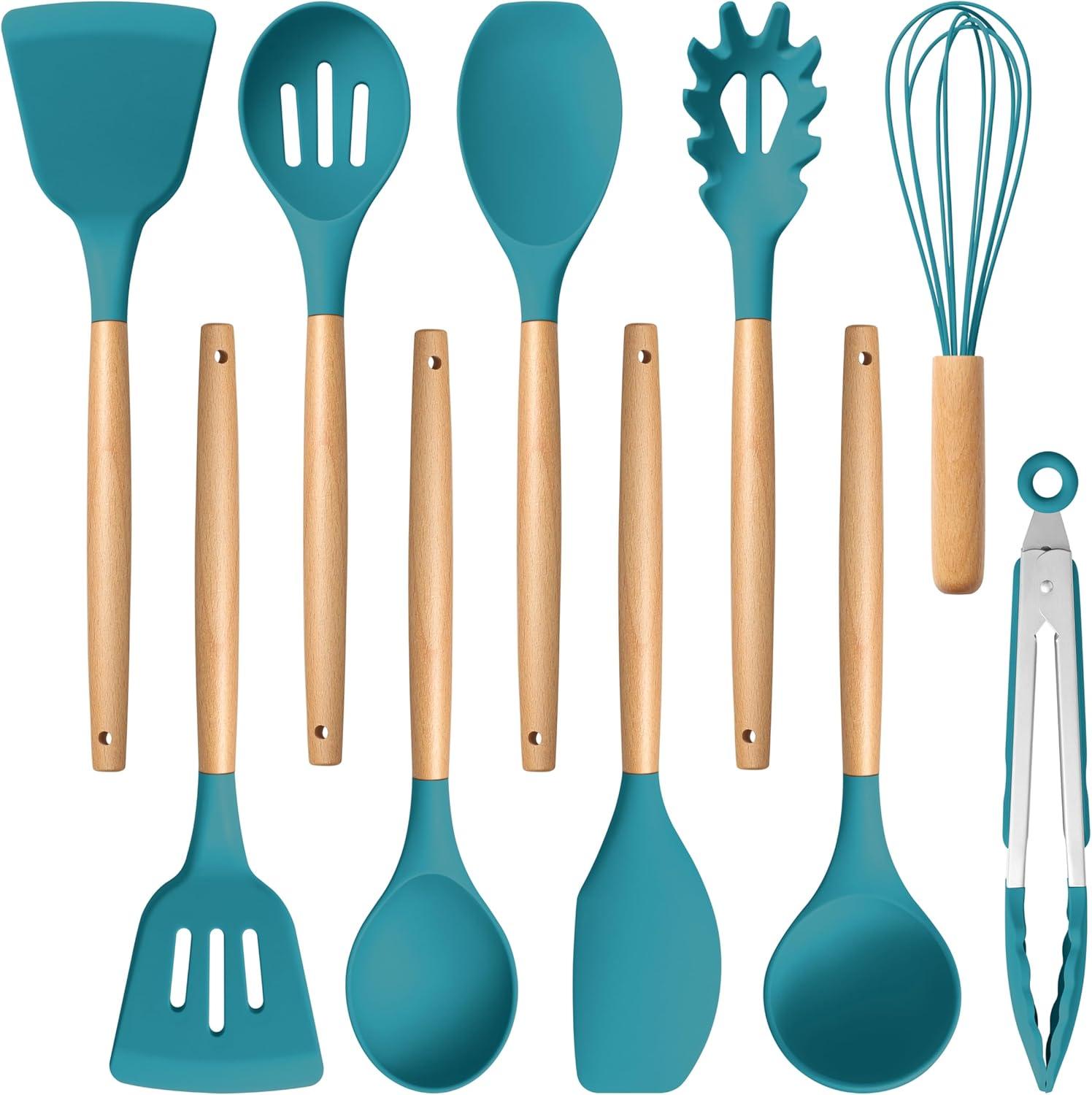 imageEfar Silicone Cooking Utensils Set 10Piece Heat Resistant Kitchen Utensils Set with Wooden Handle for Nonstick Cookware Kitchen Nonstick Tools Spatula Whisk Tongs Ladle Nontoxic amp HealthyKhakiNavy Blue