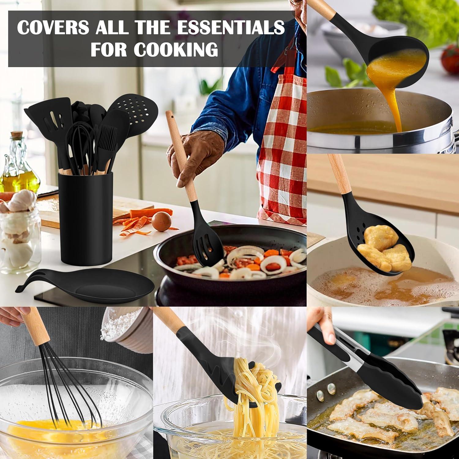 imageEfar Silicone Cooking Utensils Set 10Piece Heat Resistant Kitchen Utensils Set with Wooden Handle for Nonstick Cookware Kitchen Nonstick Tools Spatula Whisk Tongs Ladle Nontoxic amp HealthyKhakiBlack