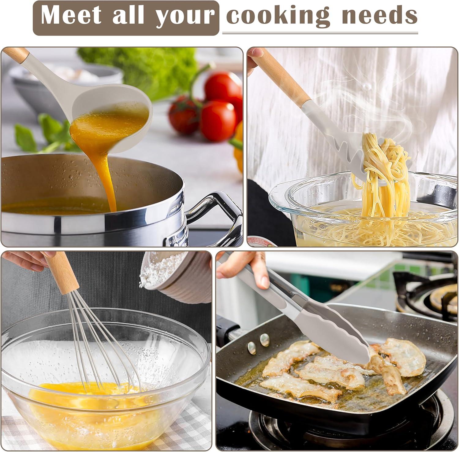 imageEfar Silicone Cooking Utensils Set 10Piece Heat Resistant Kitchen Utensils Set with Wooden Handle for Nonstick Cookware Kitchen Nonstick Tools Spatula Whisk Tongs Ladle Nontoxic amp HealthyKhakiKhaki