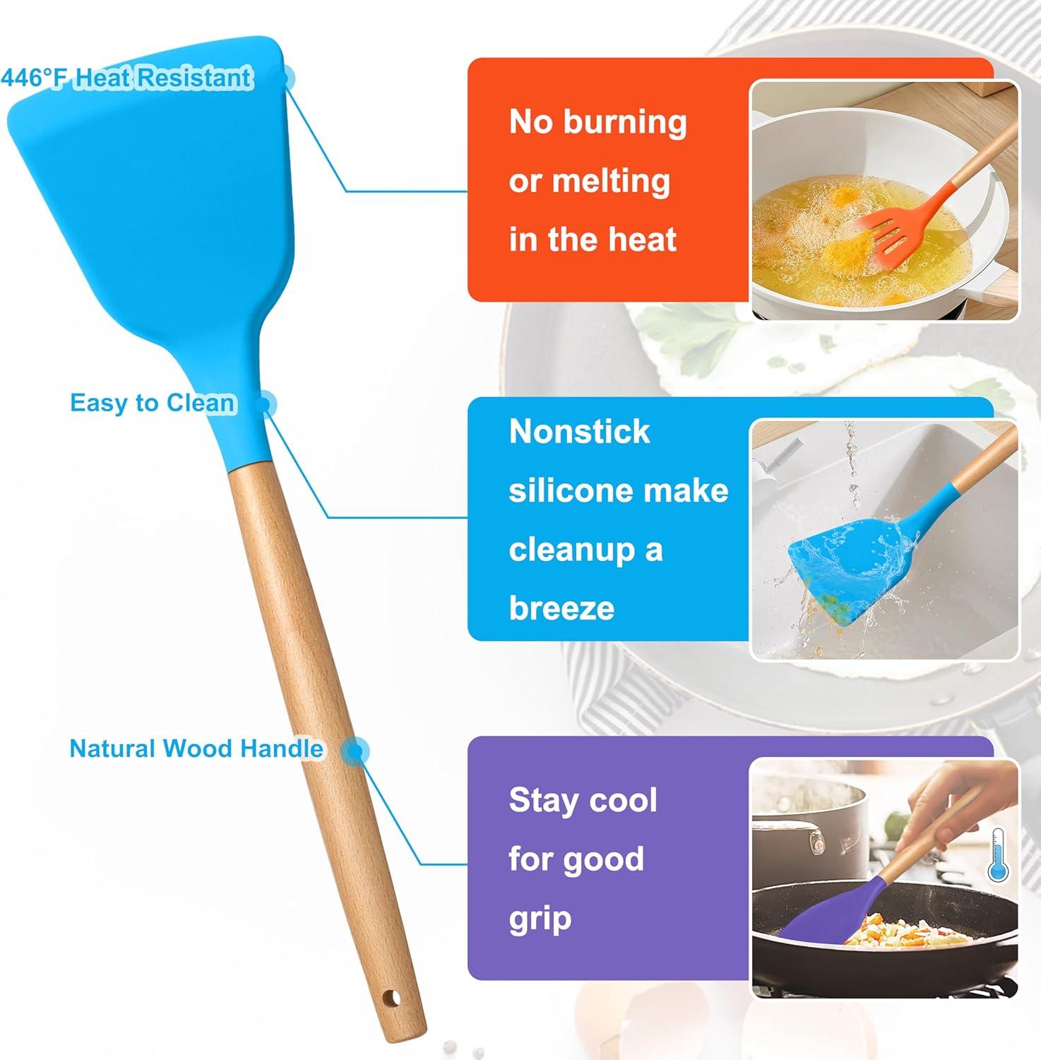 imageEfar Silicone Cooking Utensils Set 10Piece Heat Resistant Kitchen Utensils Set with Wooden Handle for Nonstick Cookware Kitchen Nonstick Tools Spatula Whisk Tongs Ladle Nontoxic amp HealthyKhakiMulticolor