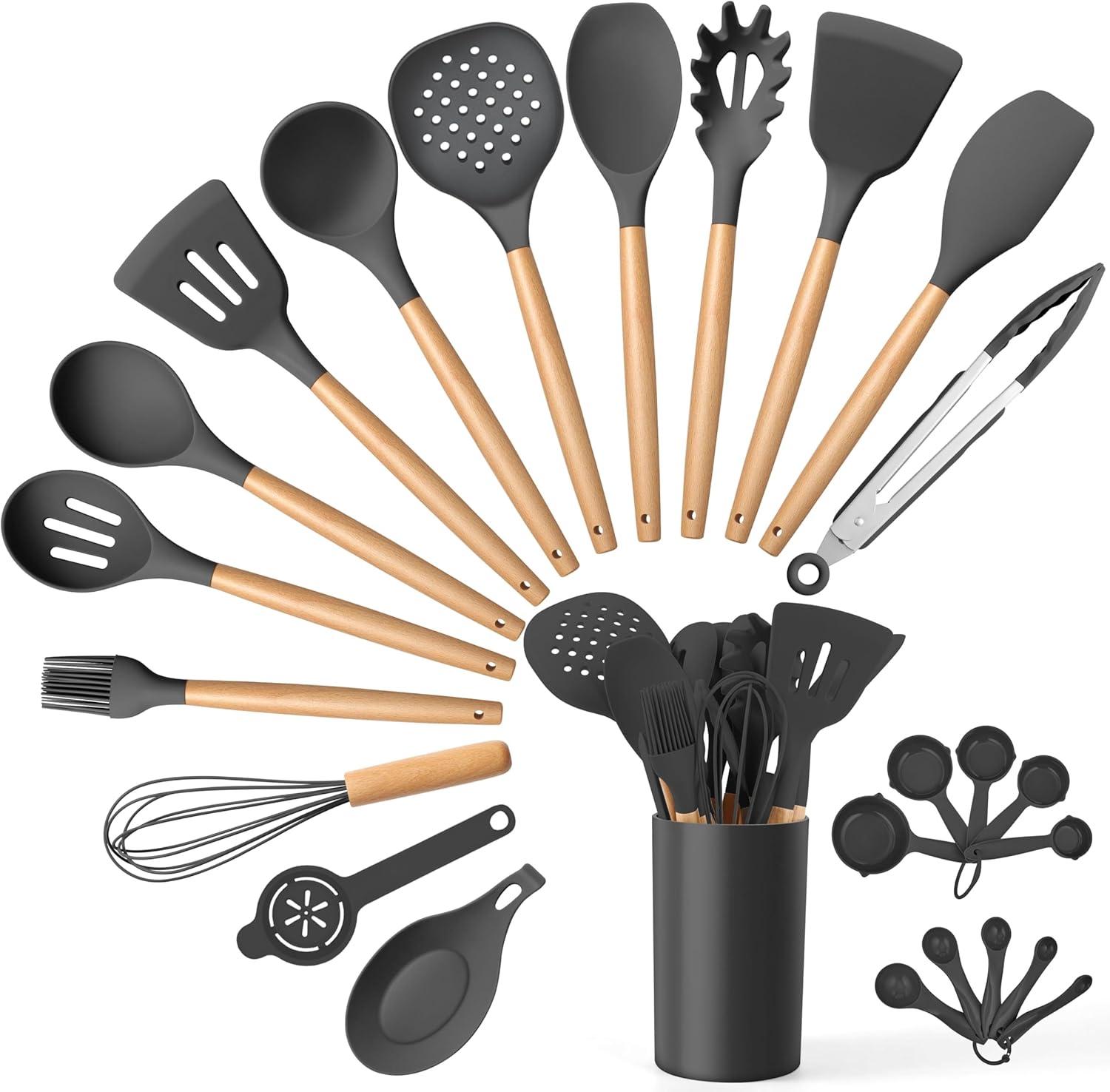 imageEfar Silicone Cooking Utensils Set 10Piece Heat Resistant Kitchen Utensils Set with Wooden Handle for Nonstick Cookware Kitchen Nonstick Tools Spatula Whisk Tongs Ladle Nontoxic amp HealthyKhakiGray