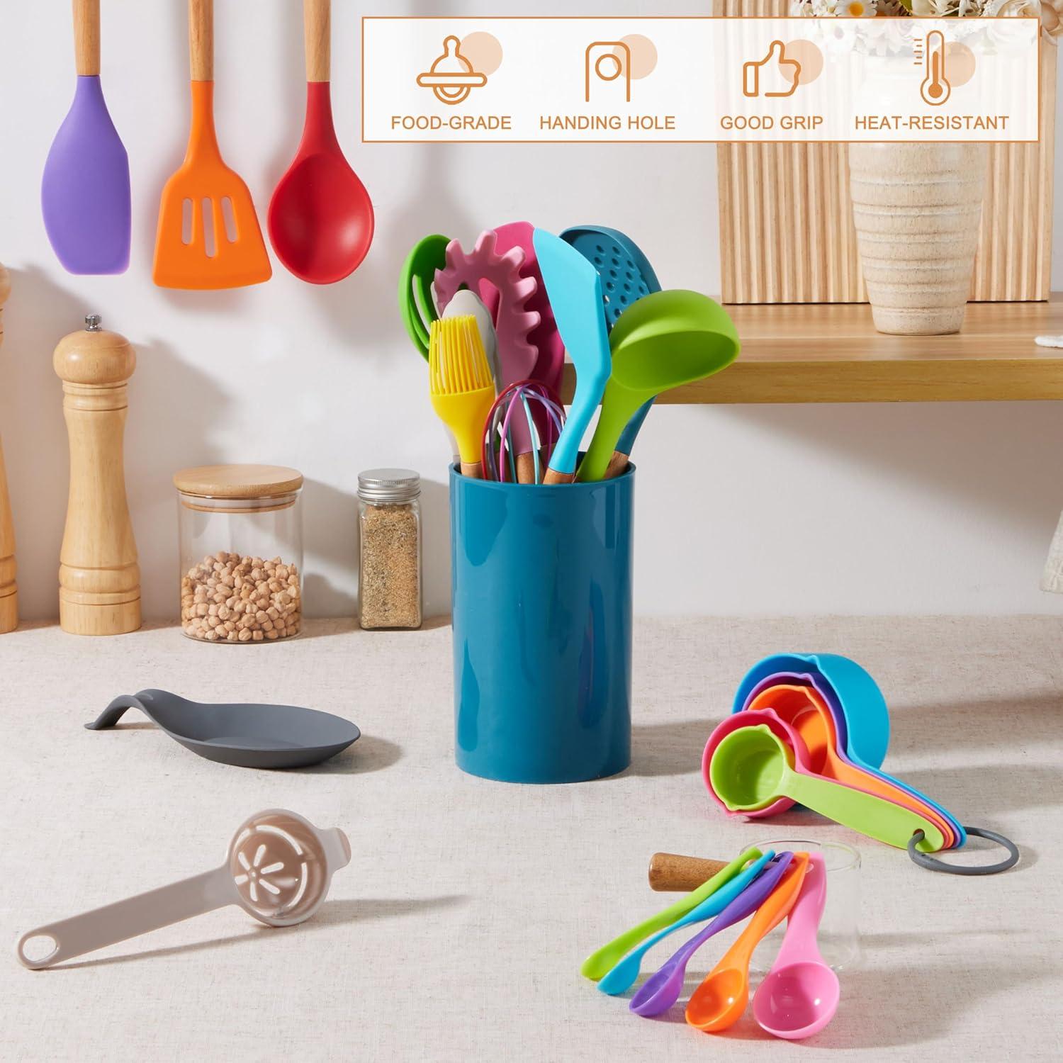 imageEfar Silicone Cooking Utensils Set 10Piece Heat Resistant Kitchen Utensils Set with Wooden Handle for Nonstick Cookware Kitchen Nonstick Tools Spatula Whisk Tongs Ladle Nontoxic amp HealthyKhakiMulticolor