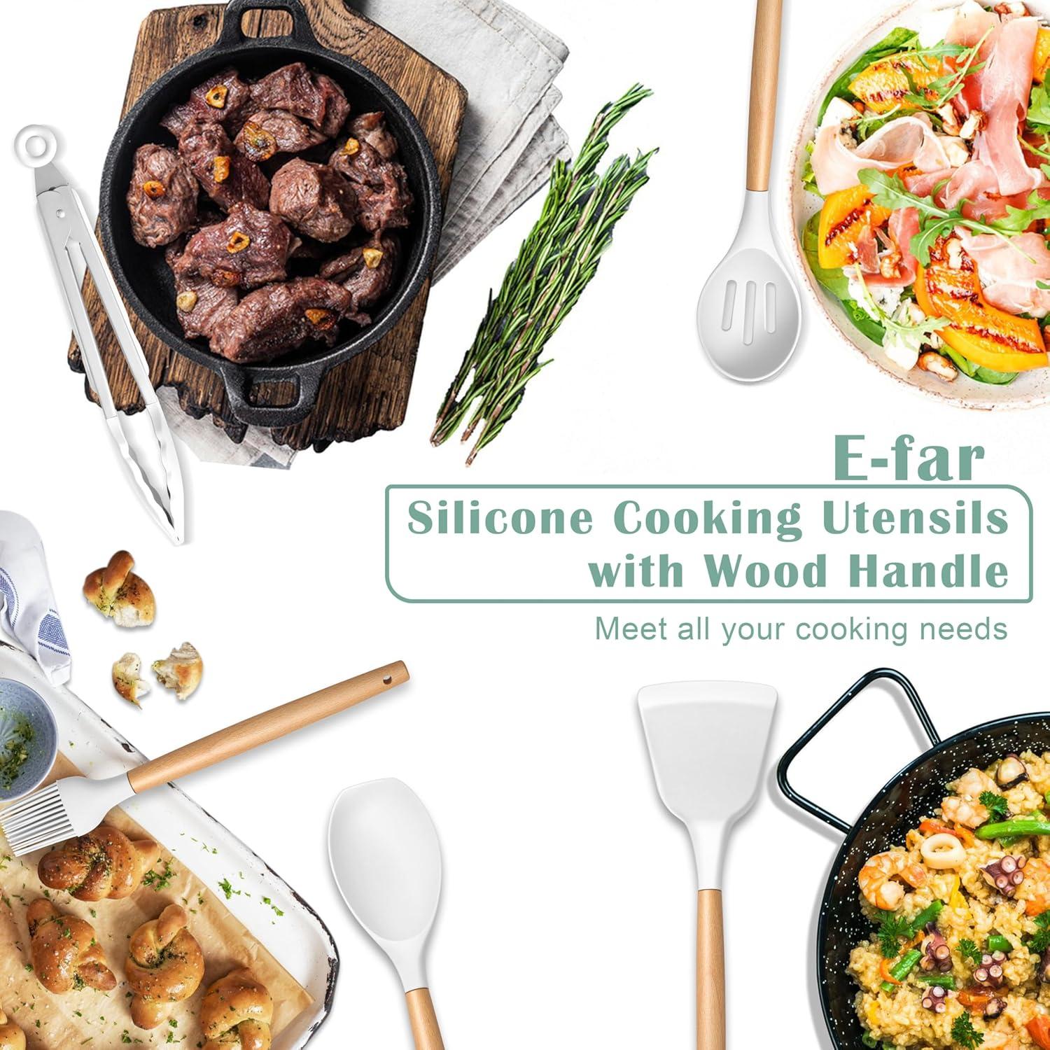 imageEfar Silicone Cooking Utensils Set 10Piece Heat Resistant Kitchen Utensils Set with Wooden Handle for Nonstick Cookware Kitchen Nonstick Tools Spatula Whisk Tongs Ladle Nontoxic amp HealthyKhakiWhite