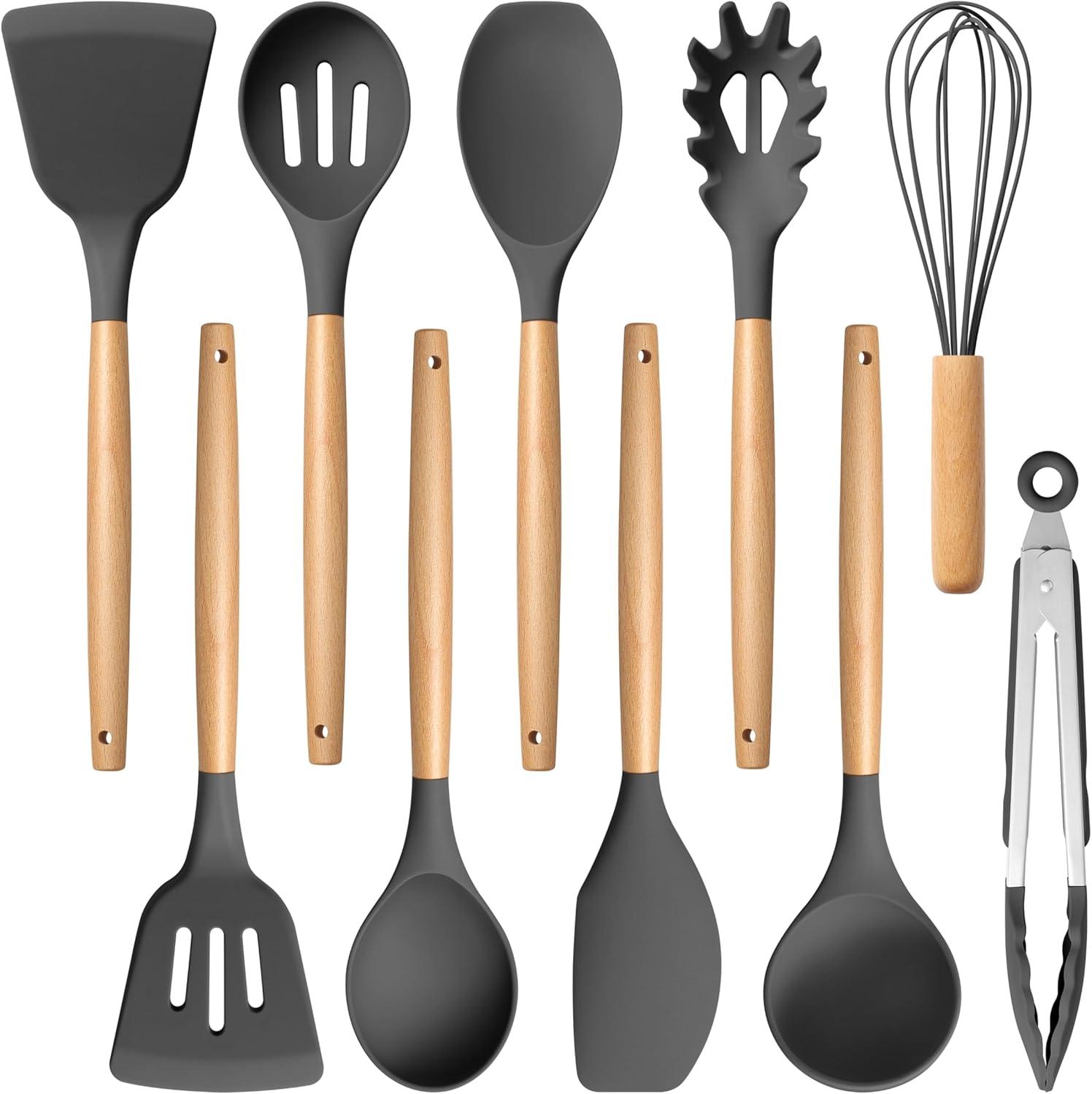 imageEfar Silicone Cooking Utensils Set 10Piece Heat Resistant Kitchen Utensils Set with Wooden Handle for Nonstick Cookware Kitchen Nonstick Tools Spatula Whisk Tongs Ladle Nontoxic amp HealthyKhakiGray