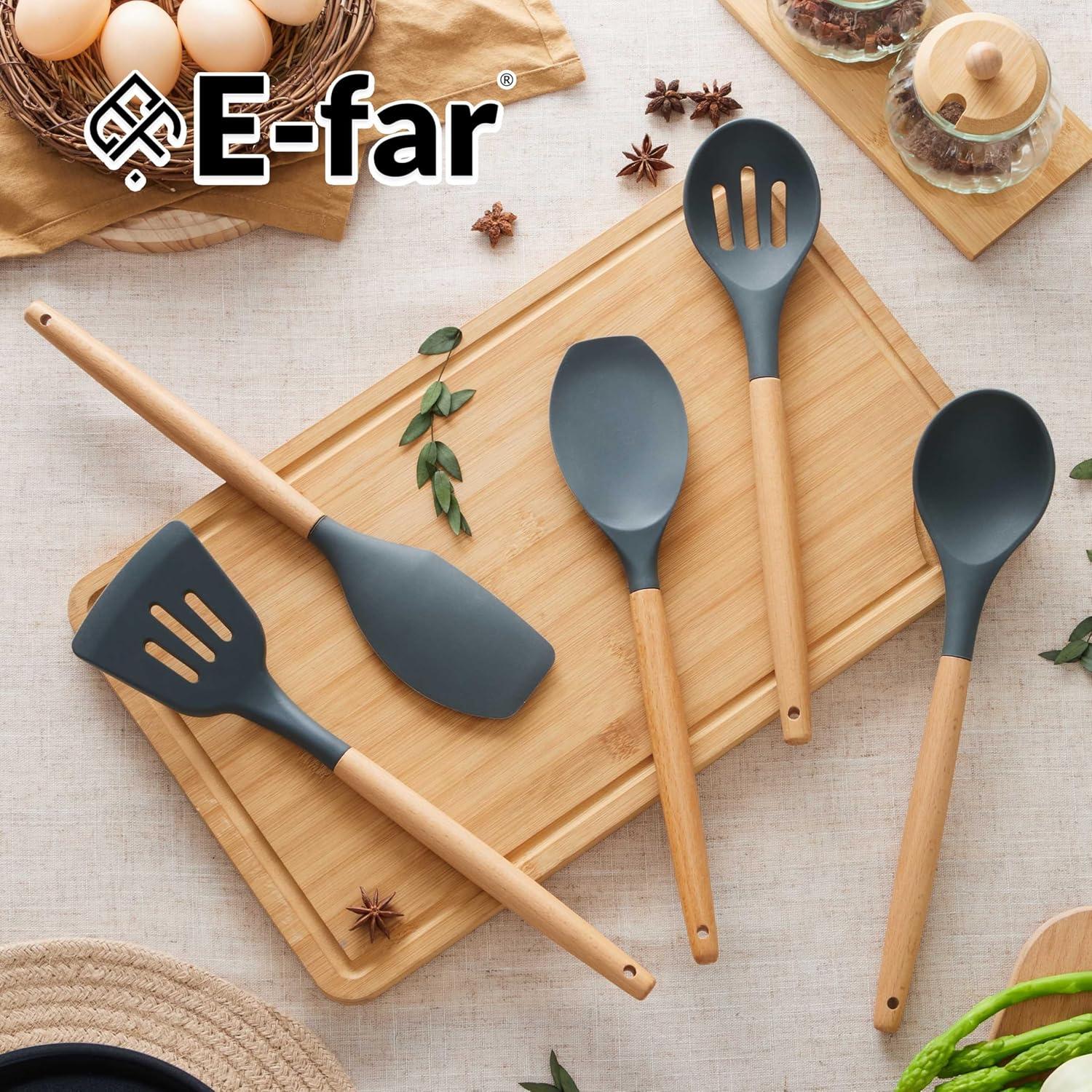 imageEfar Silicone Cooking Utensils Set 10Piece Heat Resistant Kitchen Utensils Set with Wooden Handle for Nonstick Cookware Kitchen Nonstick Tools Spatula Whisk Tongs Ladle Nontoxic amp HealthyKhakiGray