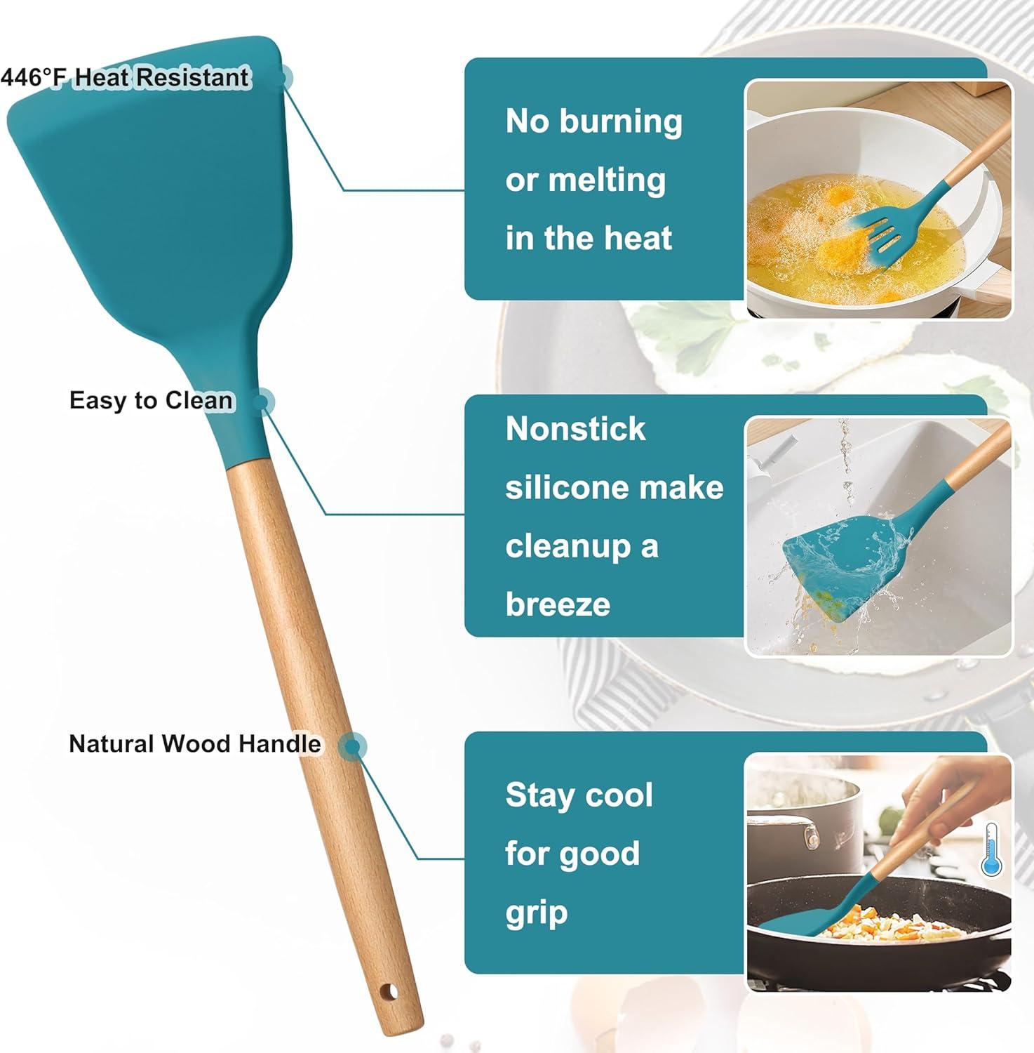 imageEfar Silicone Cooking Utensils Set 10Piece Heat Resistant Kitchen Utensils Set with Wooden Handle for Nonstick Cookware Kitchen Nonstick Tools Spatula Whisk Tongs Ladle Nontoxic amp HealthyKhakiNavy Blue