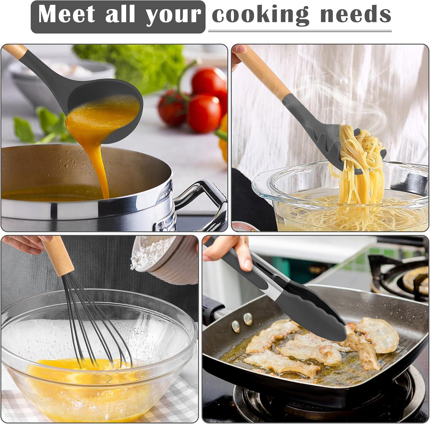 imageEfar Silicone Cooking Utensils Set 10Piece Heat Resistant Kitchen Utensils Set with Wooden Handle for Nonstick Cookware Kitchen Nonstick Tools Spatula Whisk Tongs Ladle Nontoxic amp HealthyKhakiGray