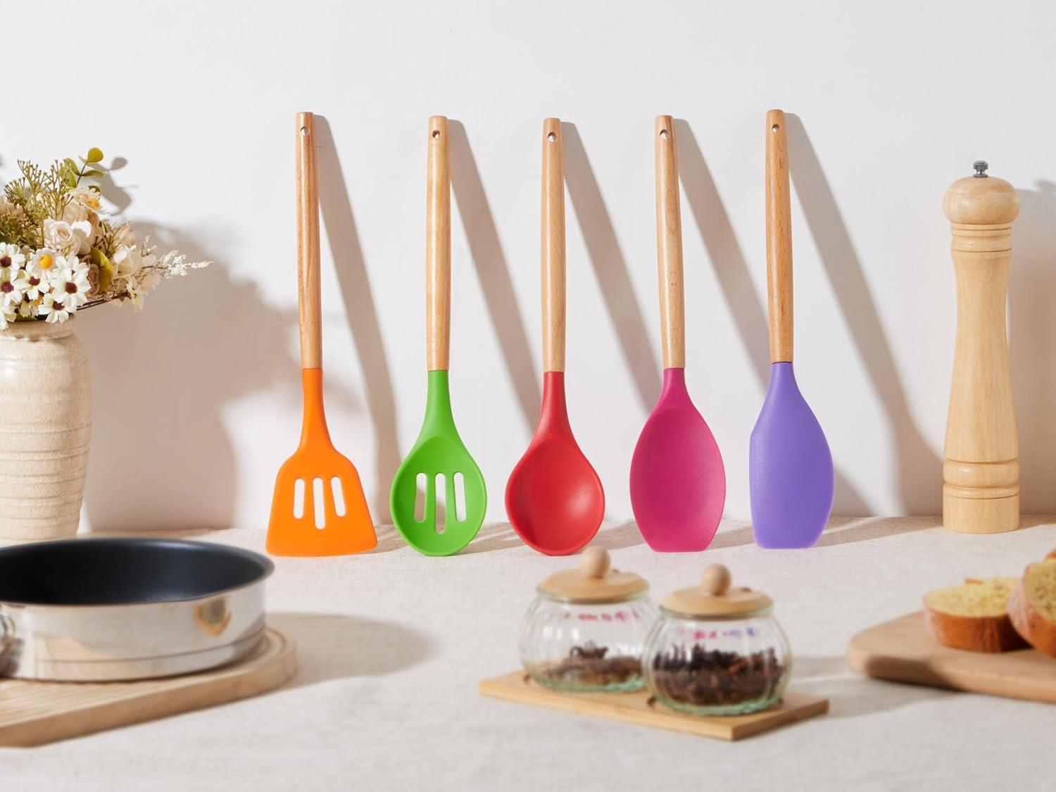 imageEfar Silicone Cooking Utensils Set 10Piece Heat Resistant Kitchen Utensils Set with Wooden Handle for Nonstick Cookware Kitchen Nonstick Tools Spatula Whisk Tongs Ladle Nontoxic amp HealthyKhakiMulticolor